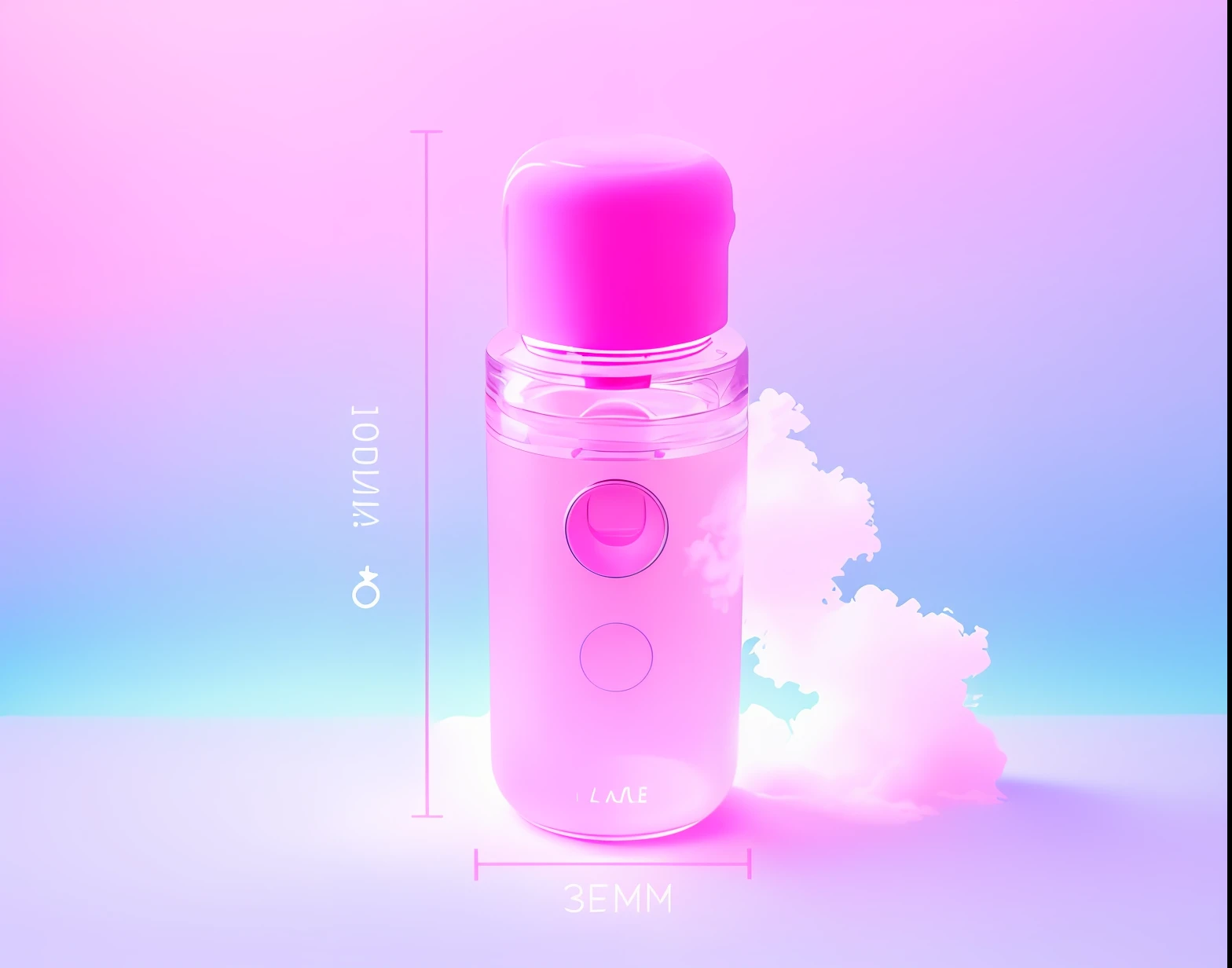 Close up of pink electric hand sanitizer on white background, light pink mist, holding a small vape, small gadget, Femme, 1 5 0 ml lens, pink mist, Product photo, feminine female, 3 6 0 p, 360º, silicone cover, Various colors, Hazy, very clear image, mist filters, mist vapor, Replace the white background with a pink background