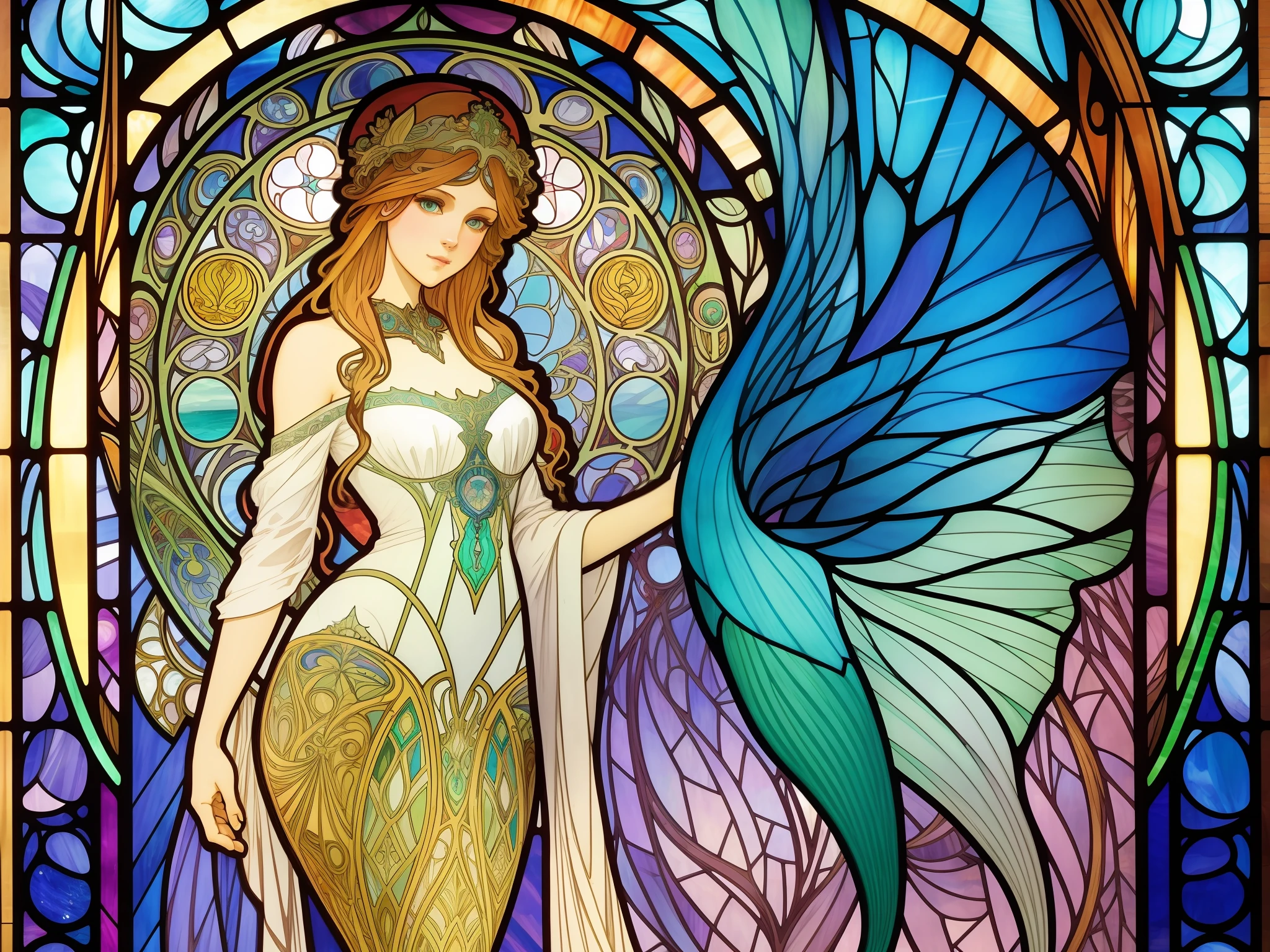 Stained glass mermaid cathedral in Art Nouveau style, Alphonse Mucha, James Jean, Erin Hanson, hyper-detailing, Backlit, Perfect symmetrical eyes, Gorgeous face