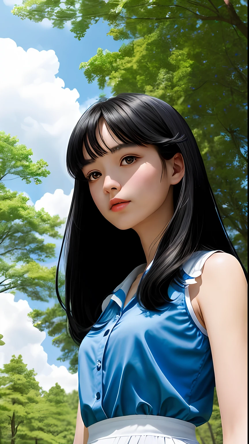 Under the blue sky and white clouds,at a forest,There is a girl with black hair