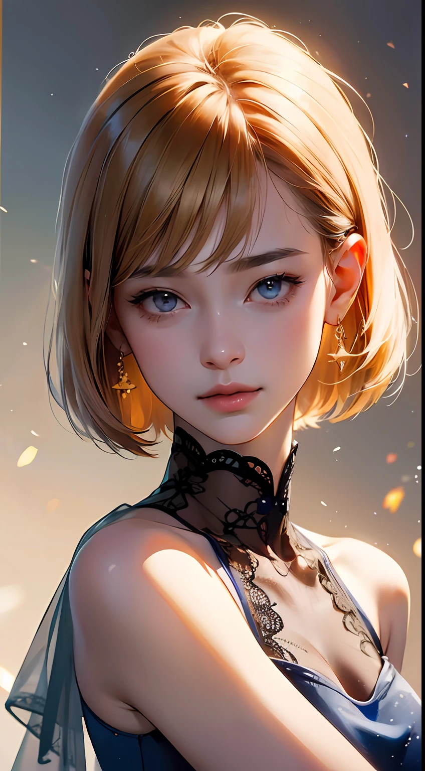 (airport:1), PM, (Blue Gown:1), Golden Fringe Shorthair, Light brown eyes, 1girl in, 20yr old, Innocence, (Photorealsitic), (intricate-detail:1.2),(masterpiece, :1.3),(top-quality:1.4), (超A high resolution:1.2), 超A high resolution, (A detailed eye), (detailed facial features), nffsw, 8K分辨率, (lensflare:0.7), Looks Back, Busy with inspection reports,