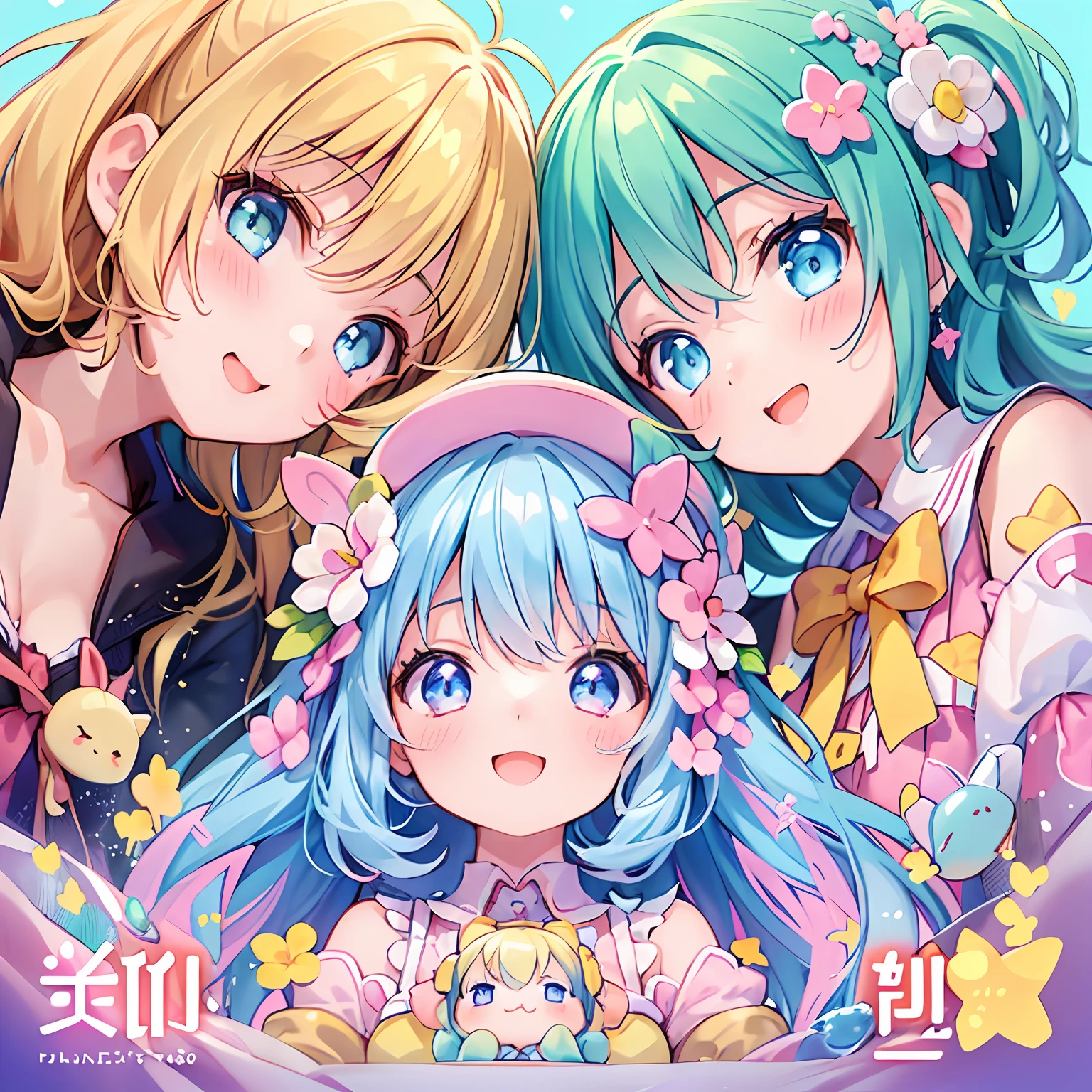 masterpiece, (2girls and 2girls and 2girls and 2girls), idol, closeup, big eyes, kawaiitech, kawaii, cute, pastel colors, best quality, happy, deep background, symmetrical, tilted head, summer, cover, title