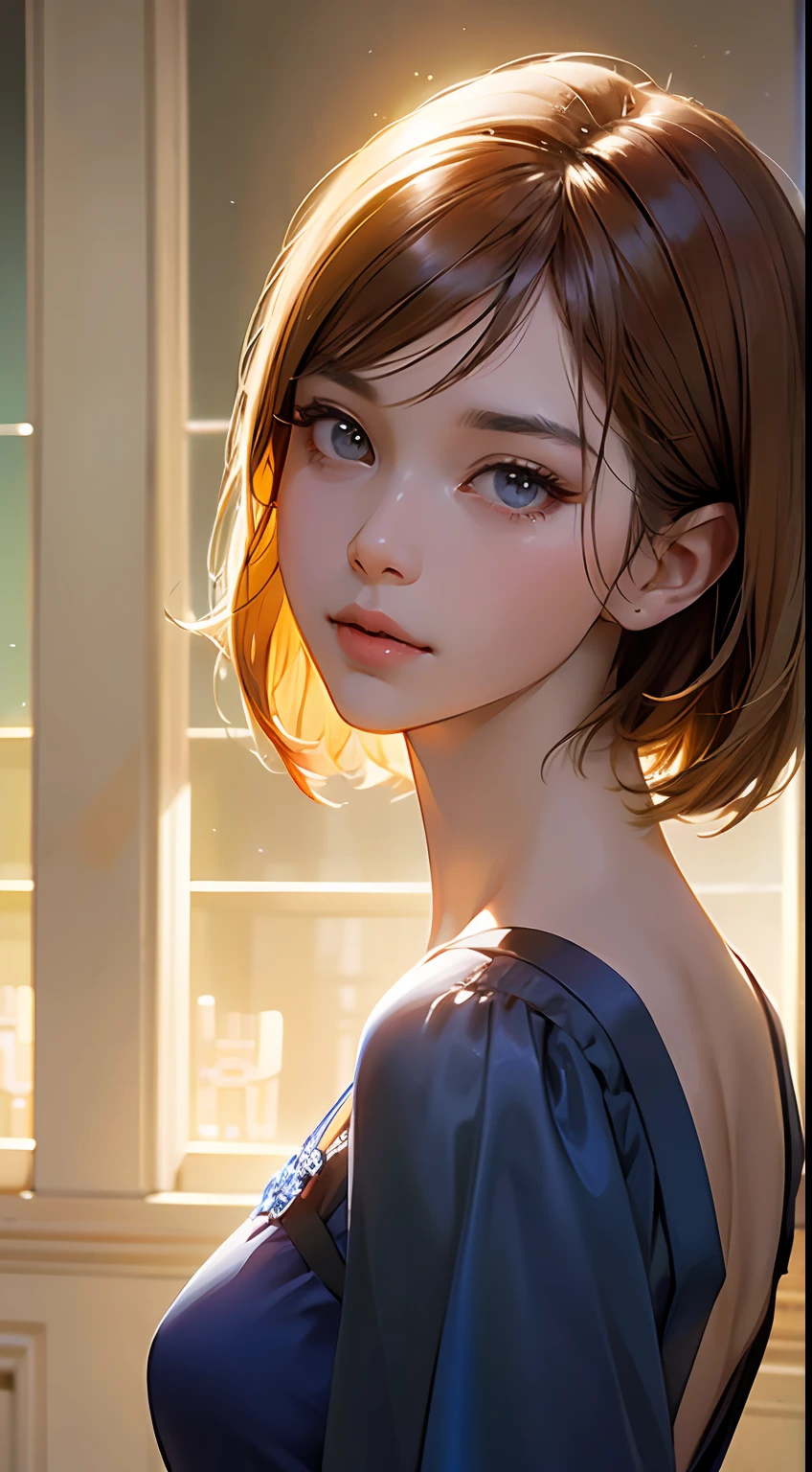 (airport:1), PM, (Blue Gown:1), Golden Fringe Shorthair, Light brown eyes, 1girl in, 20yr old, Innocence, (Photorealsitic), (intricate-detail:1.2),(​masterpiece, :1.3),(top-quality:1.4), (超A high resolution:1.2), 超A high resolution, (A detailed eye), (detailed facial features), nffsw, 8K分辨率, (lensflare:0.7), Looks Back, Busy with inspection reports,