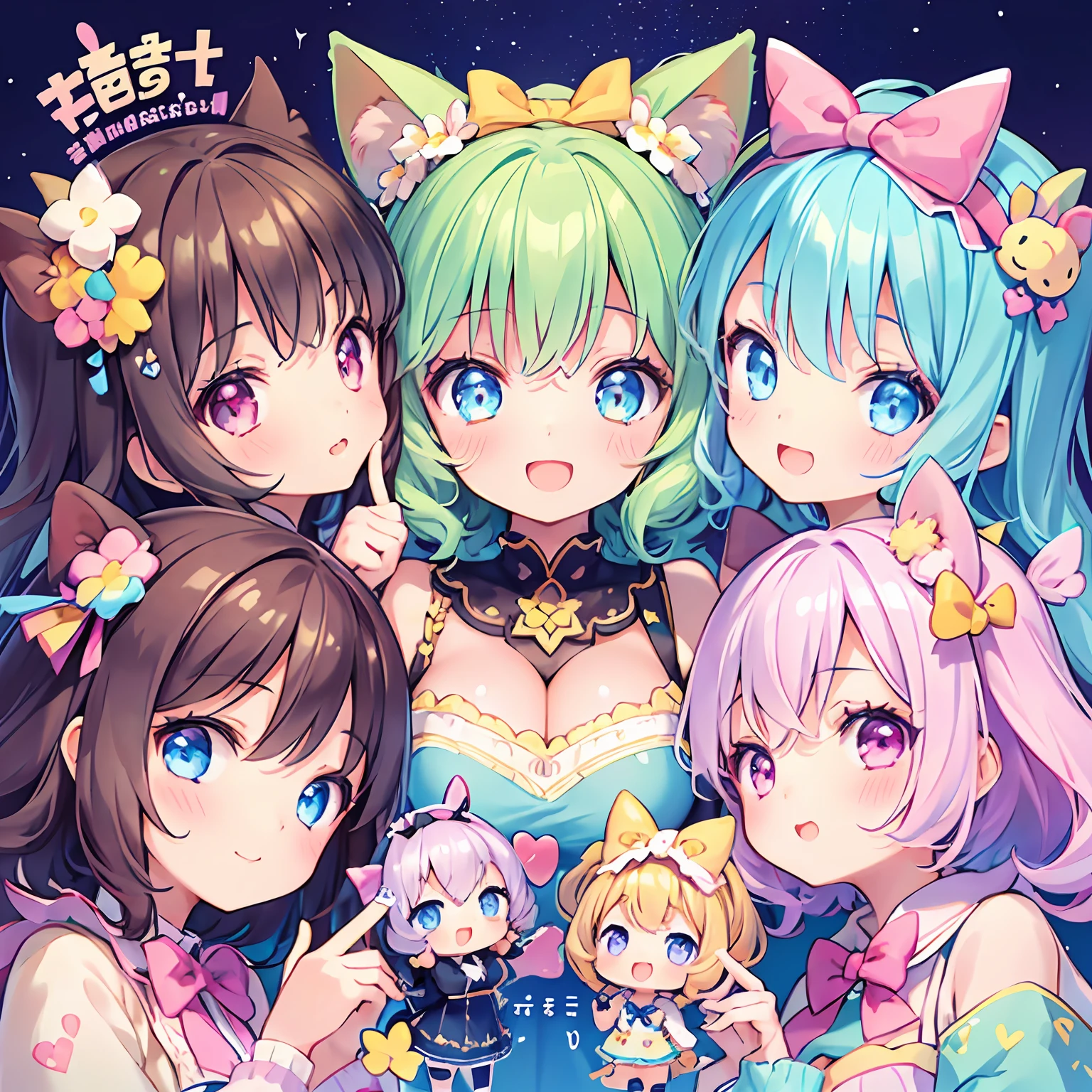 masterpiece, (2girls and 2girls and 2girls and 2girls), idol, closeup, big eyes, kawaiitech, kawaii, cute, pastel colors, best quality, happy, deep background, symmetrical, tilted head, summer, cover, title