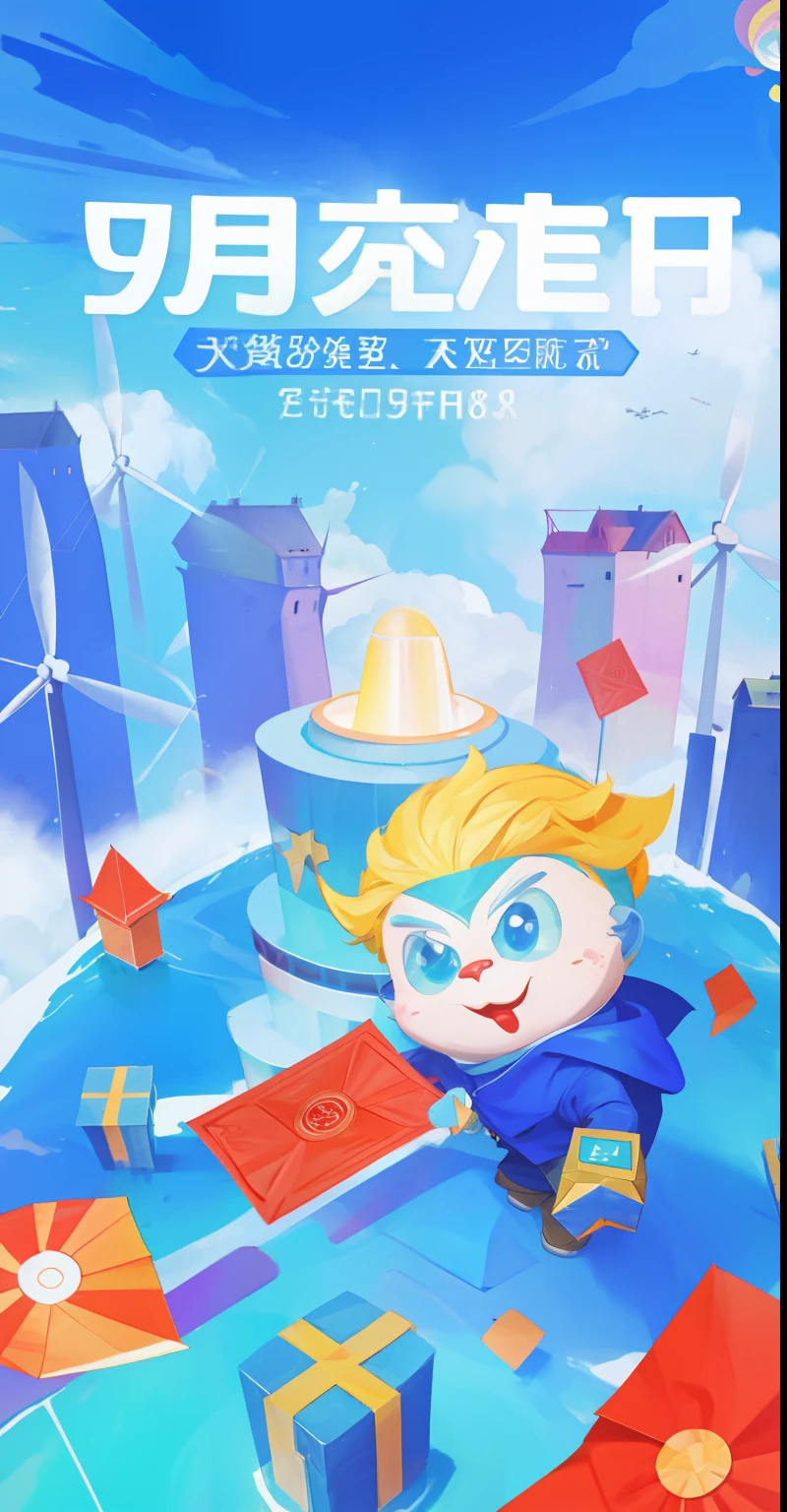 Thick coating,A city in the distance,Power generation windmills,Dynamo,salama,Cartoon villain,red envelopes,orbiting,Clear glass,8 K cartoon illustration, 🚀🌈🤩, large view,