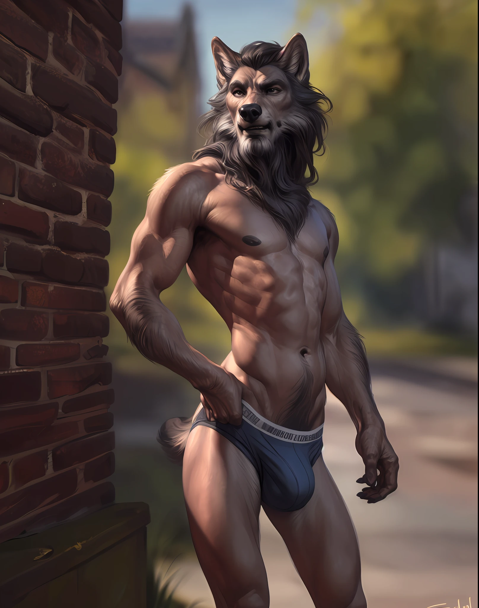 male, solo, anthro (wolf), old, (skinny:1.7), adult, photorealistic, hyperrealistic, ultradetailed, natural pose, by personalami, by honovy, by thebigslick, adult, photorealistic, hyperrealistic, ultradetailed, natural pose, by personalami, by honovy, by thebigslick, by taran fiddler, by taran fiddler, by pixelsketcher, (nips:1.2), brick wall background, bare torso, white underwear, white briefs, ((dirty underwear)), homeless, long black and grey hair, long greying beard, front view, (bulge:1.2)