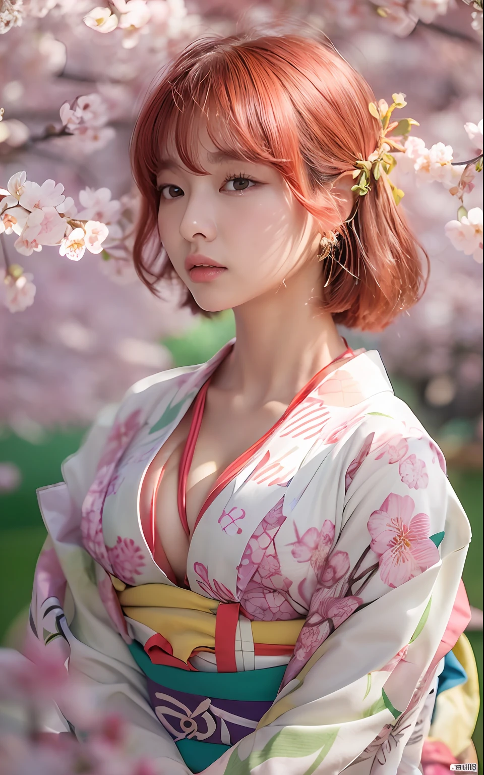 (Photorealsitic: 1.2, best qualtiy, 8K,Wetty:1.3 ), ( 20yr old, K-pop idols、 Kimono with cherry blossom pattern, Sweat: 1.2, Red hair、bob cuts:1.3), Fine skin, (Film Lighting), Soft light, Double eyelids, ((独奏、Colossal tits:1.3、cleavage of the breast、Bust-up shot、laying down on the bed、function:1.3))