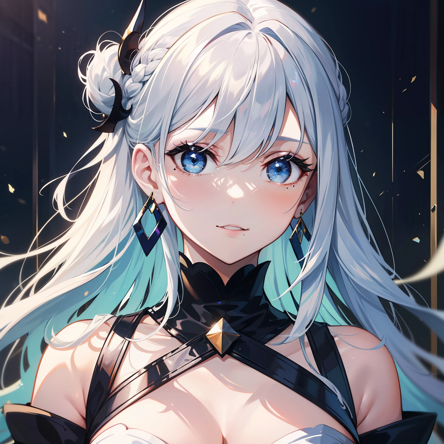 lightsmile, White hair, Blue hair, Light blue hair, Silver hair, Floating hair, Large breasts,expressive hair, hair over shoulder, topknot, crescent-shaped hair ornament, Mole under the eyes, Tsurime, Crescent Earrings, Tachi-e, Anime style, Hyper-Realism, Carl Larsson, Anime, Gothic art, romanticism, 8K, Super Detail, ccurate, Best Quality, Super Detail, masutepiece