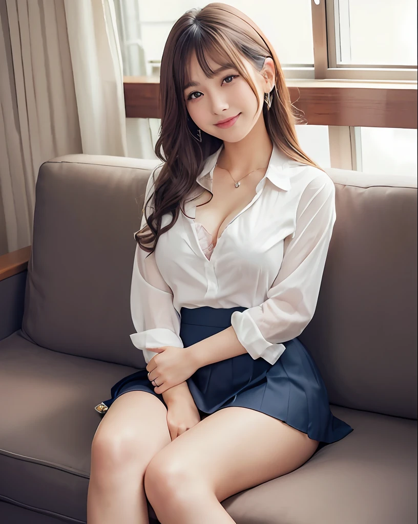 close up of 1 woman、35mm masterpiece、TOKYOcty、乃木坂アイドル、hposing Gravure Idol、韓国アイドル、cute little、sprawl、A smile、dark brown hair、Wavy Hair、piercings、full body Esbian、Mature look、(8K、Raw photography、top-quality、masterpiece:1.2)、(reallistic、Photorealsitic:1.37)、The ultra -The high-definition、full body Esbian、blazers、Shirt、Japanese high school girl、pleatedskirt、sofas、bra very、cleavage of the breast、pantie shot、an legs、thighs thighs thighs thighs