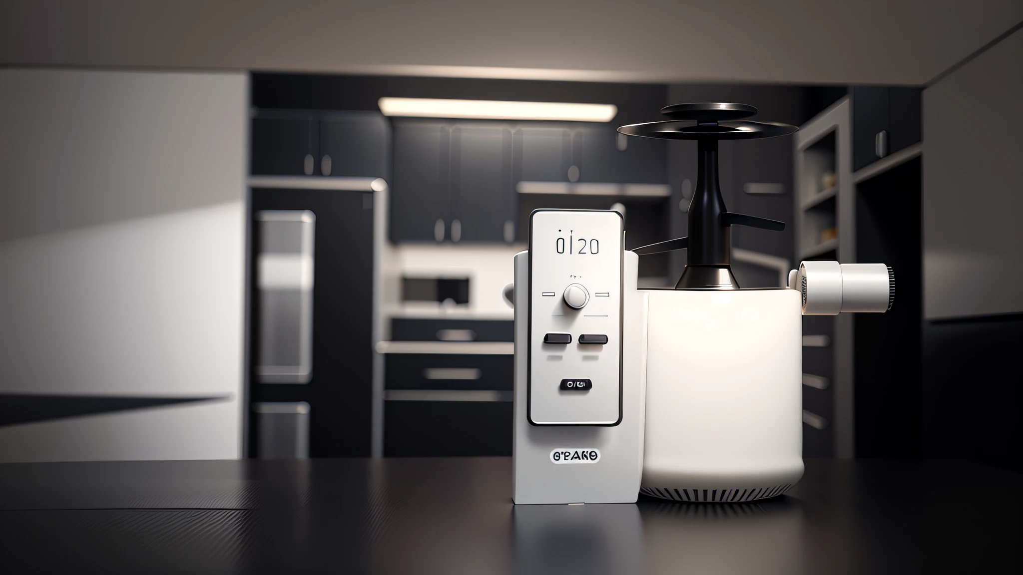 Products placed on the table,Black and white industrial style kitchen,Kitchen background , Chiaroscuro, hyper HD, 8K, Best Picture Quality ,realisticlying,Foto realism,Black and white background,Cabinets behind the background,Lens perspective blur,Bright lights