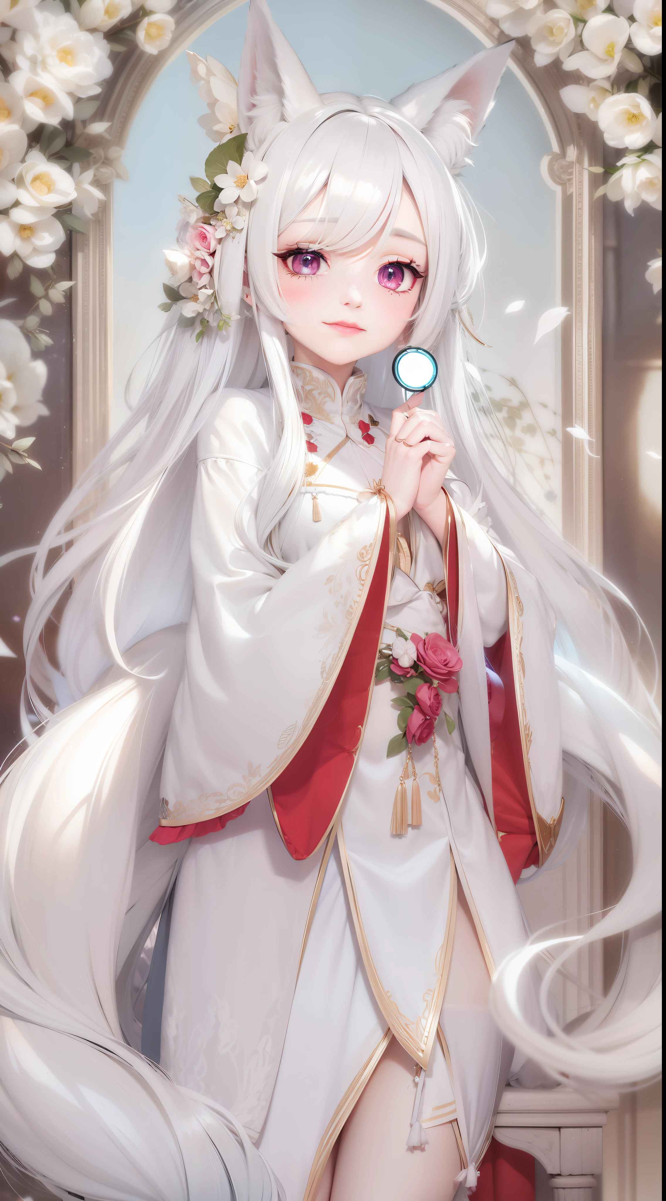 white hair, very long hair, sidelocks, hair flower, clover hair ornament, forehead mark, color contact lenses, longeyelashes, fox ears, light smile, blush, licking lips, nose blush, light blush, red lips, sexy body, delicated face, character chart, masterpiece, super detail, high details