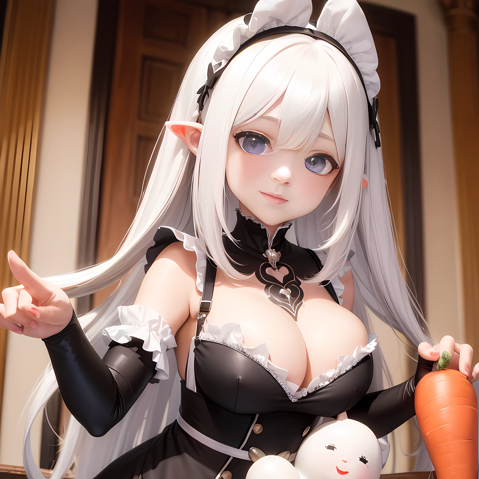 White hair, hair over shoulders, maid headdress, carrot hair ornament, Heart-shaped pupils