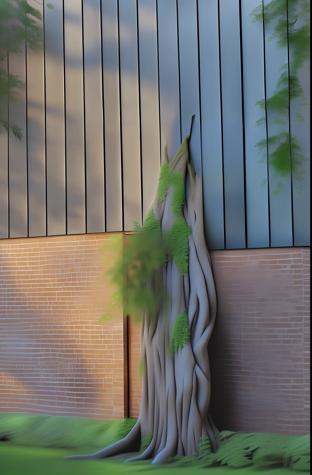 There is a tree growing out of the building next to the brick wall, trees growing on its body, growing off a tree, some trees in the corner, Large trees cast shadows, Very realistic, very very surreal, very very very realistic, a creature 5 meters tall, Twisted trunk, really realistic, person made of tree, huge ficus macrophylla