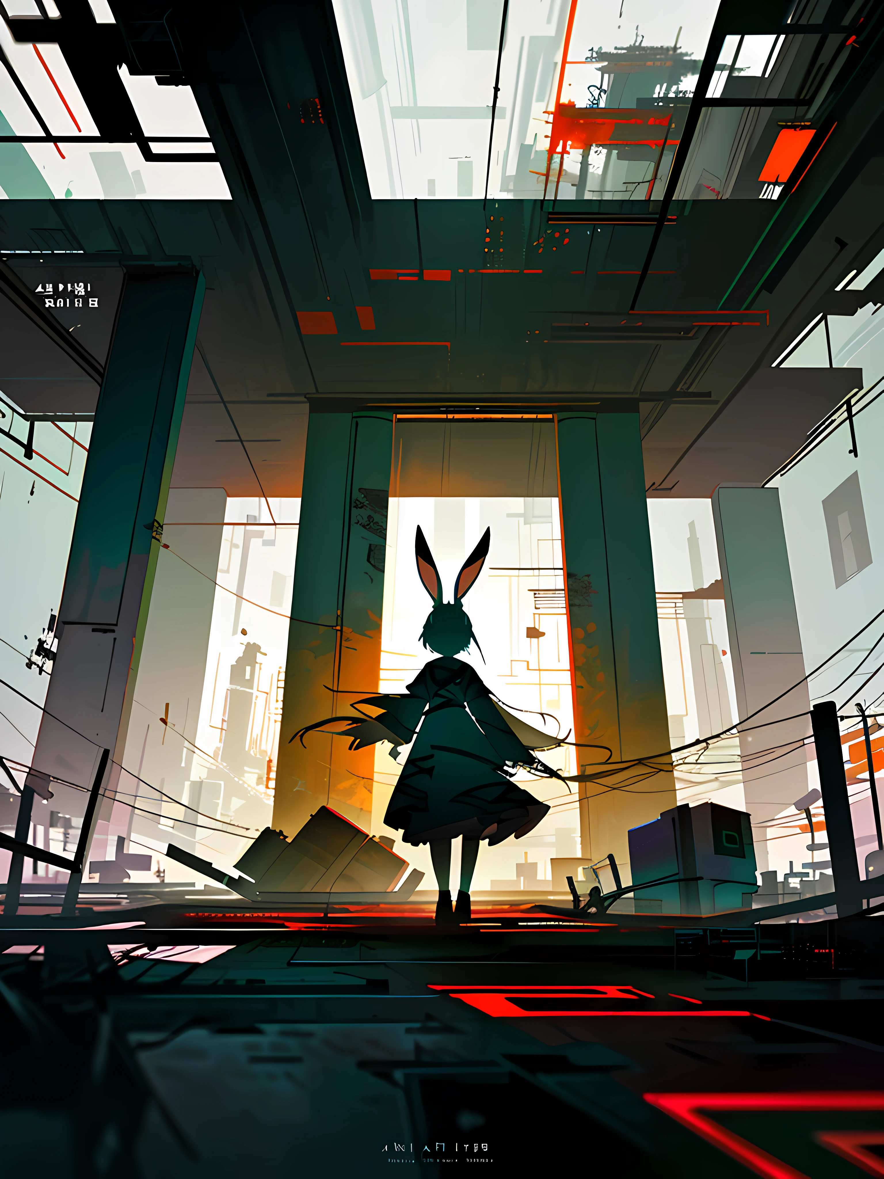(blame! style abandoned tech landscape), (Zen, Amy Sol style), (underground, dark, foggy, perilous, abandoned dystopian apartment bedroom, deep windows), (abstract anthro rabbit figure wearing bunny ears), cover art with light abstraction, abstract, simple vector art, contemporary Cybernetic art, color gradients, soft color palettes, layered forms, whimsical animation, style Ethereal abstract, 4K, --v6