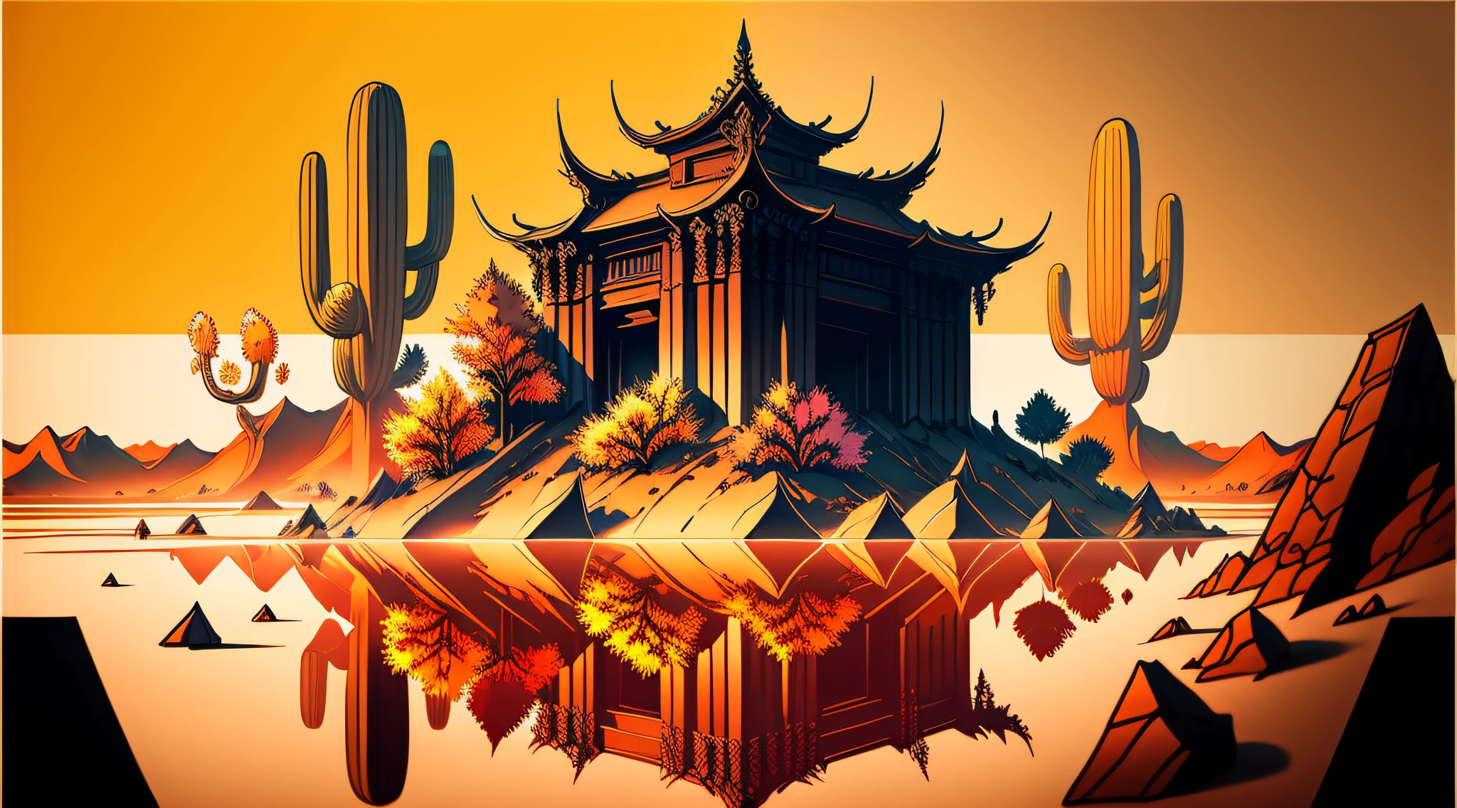 Ancient architecture、water ink,autumnal、A desert、Mobei、Bad guy style,(illustratio:1.0)、Epic composition、Realistic lighting、high definition detail、tmasterpiece、Best quality,(非常详细的 CG 统一 8k 壁纸)