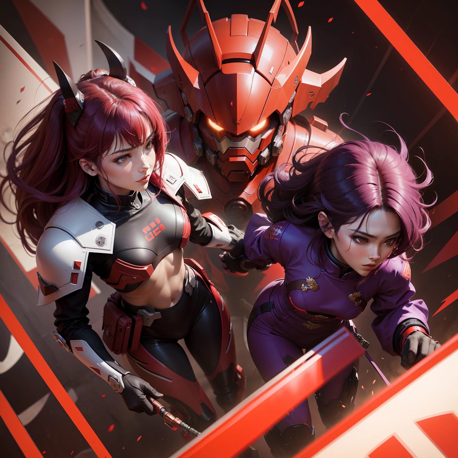 red colour,purpleish color,mechs,chineseZodiac