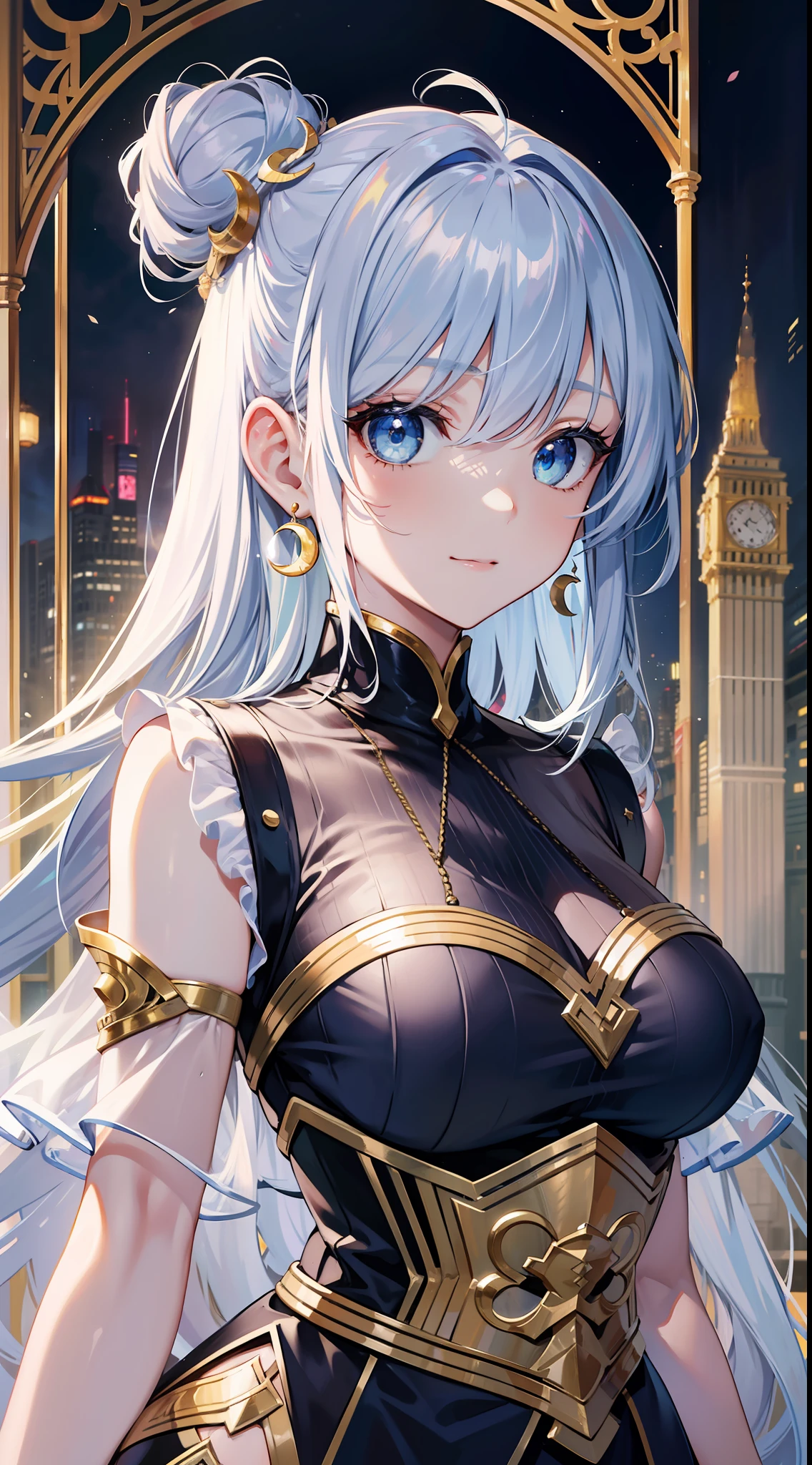 ​masterpiece, top-quality, lightsmile, White hair, Blue hair, Light blue hair, Silver hair, Floating hair, Large breasts,expressive hair, hair over shoulder, topknot, crescent-shaped hair ornament, Tsurime, Crescent Earrings, Tachi-e, Anime style, Hyper-Realism, Carl Larsson, Anime, Gothic art, romanticism, 8K, Super Detail, ccurate, Best Quality, Super Detail, masutepiece, full body Esbian