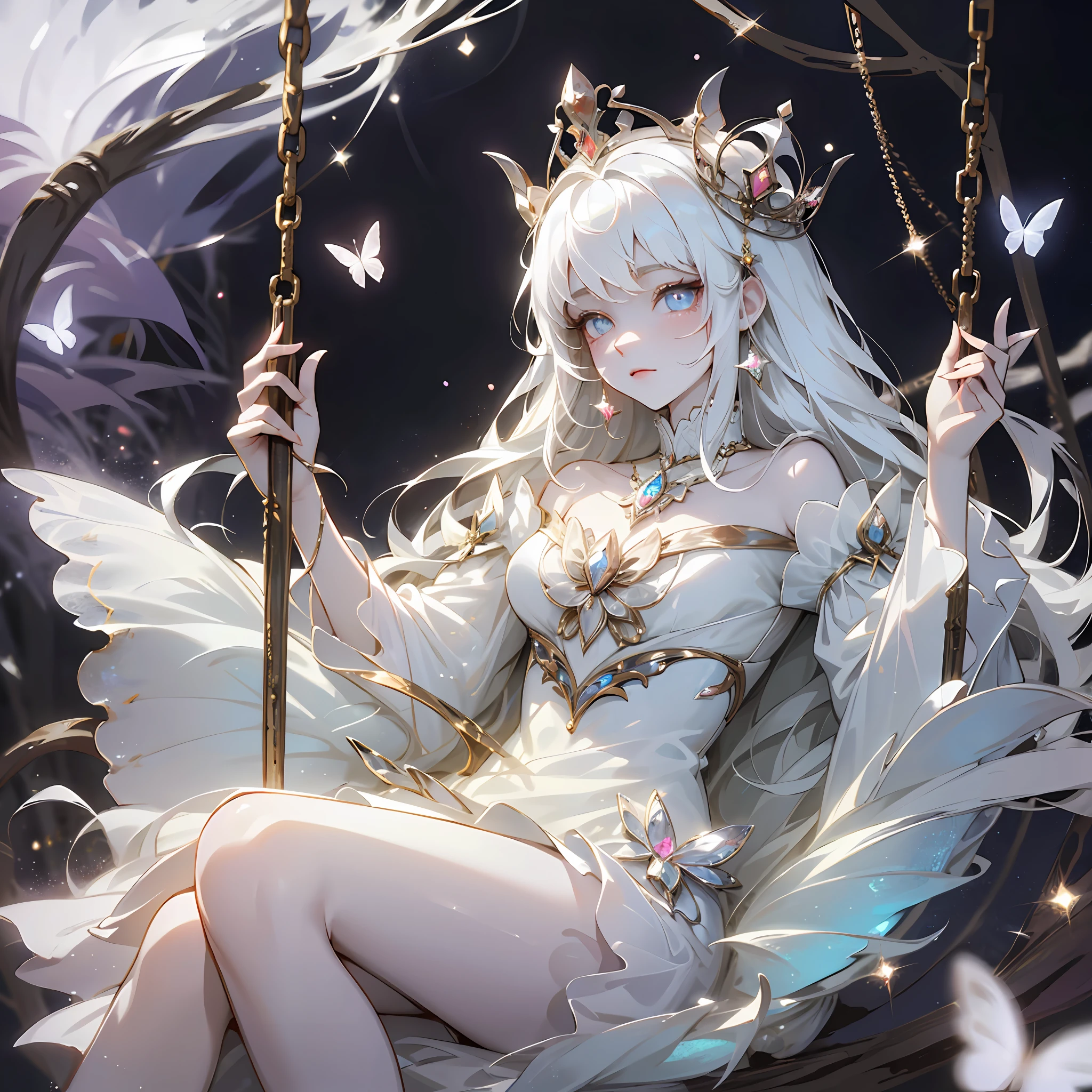 1 woman with a crown,sitting on a swing,Beautiful and elegant butterfly queen, Guviz, Fantasy art style, 8K high quality detailed art, Butterfly Lord, Beautiful and seductive butterfly princess,digital fantasy art , ellegance, (long white hair,White-colored skin,The skin is translucent white,sparkle in eyes,Wearing a beautiful dress,Scalloped sleeves,beautiful face,Lonely pale face,Particle,Glow,Guviz-style artwork, WLOP Art,