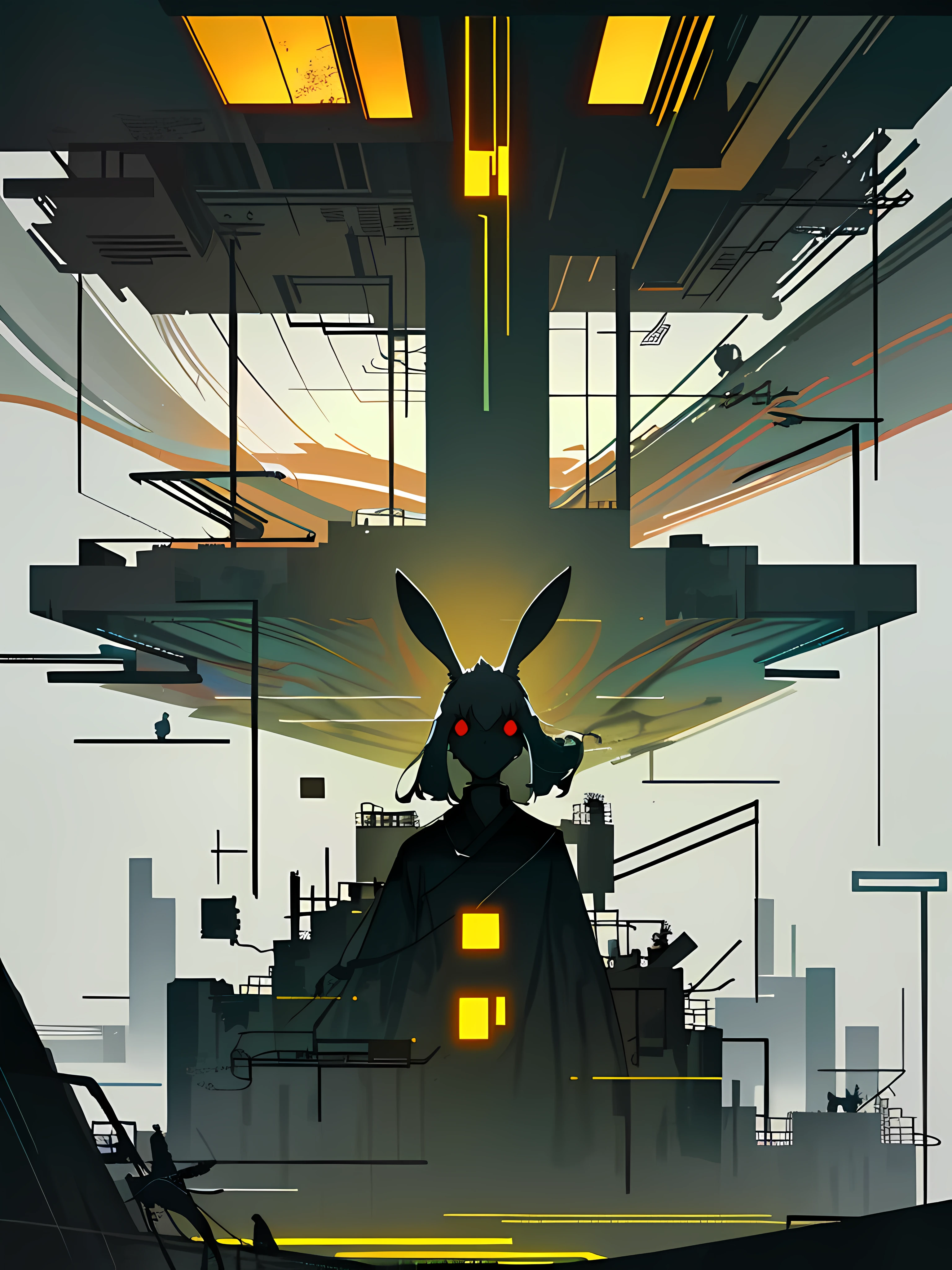 (blame! style abandoned tech landscape), (Zen, Amy Sol style), (underground, dark, foggy, perilous, abandoned dystopian apartment bedroom, deep windows), (abstract anthro rabbit figure wearing bunny ears), cover art with light abstraction, abstract, simple vector art, contemporary Cybernetic art, color gradients, soft color palettes, layered forms, whimsical animation, style Ethereal abstract, 4K, --v6