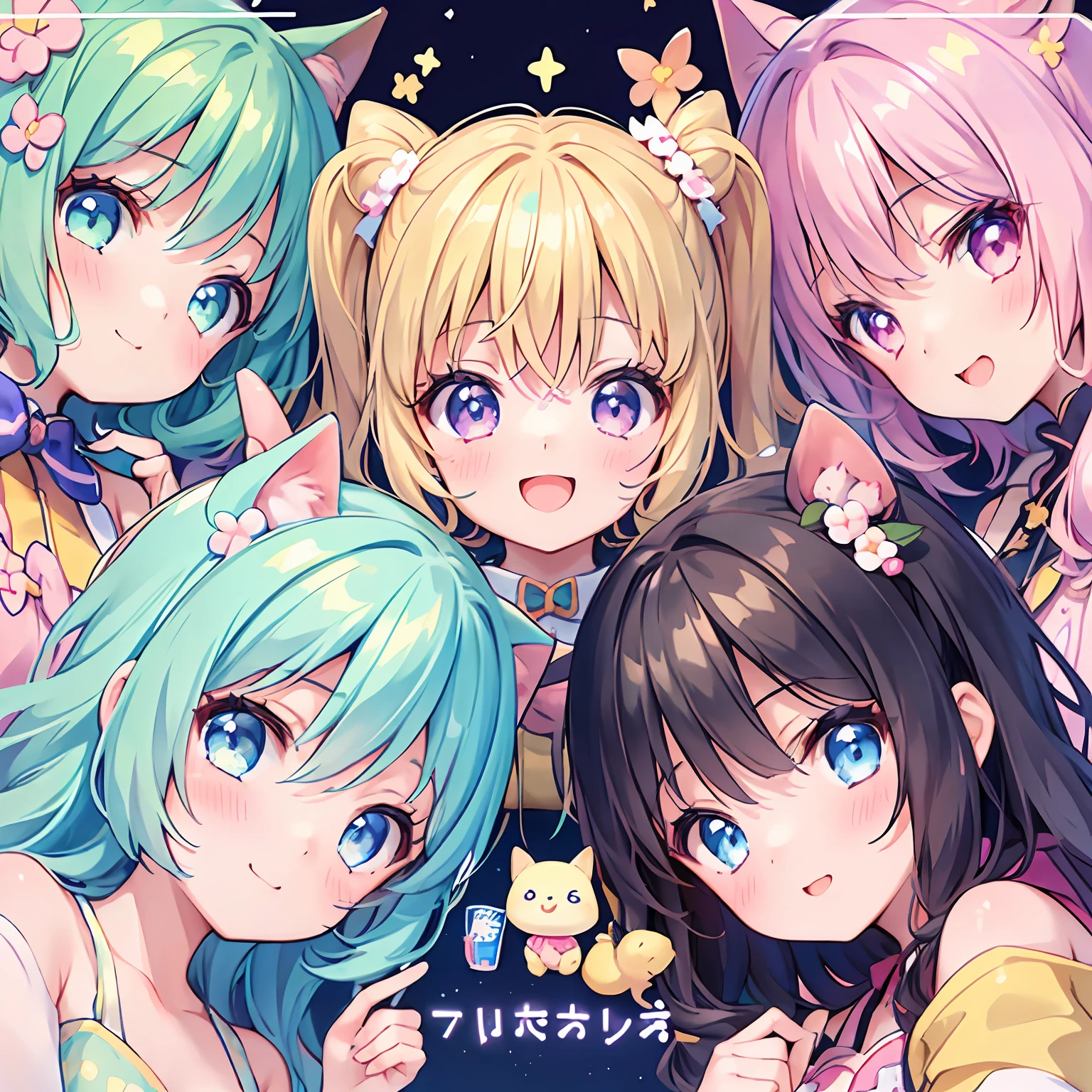 masterpiece, (2girls and 2girls and 2girls and 2girls), idol, closeup, big eyes, kawaiitech, kawaii, cute, pastel colors, best quality, happy, deep background, symmetrical, tilted head, summer, cover, title