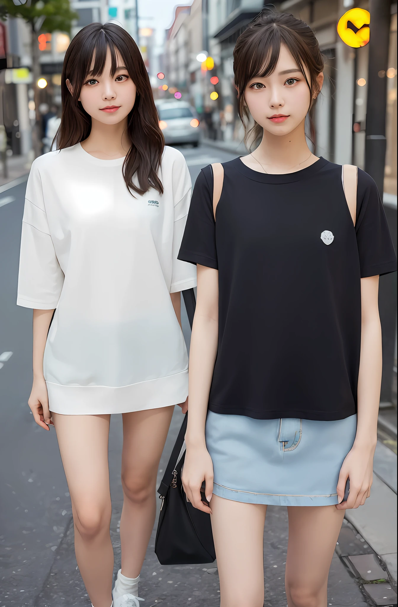 (top-quality、masterpiece:1.5)、(Photo Real、intricate-detail:1.2)、超A high resolution、absurderes、 1girl in、22-year-old girl、Model Type Face、Orange eye makeup、hairstyle on(Brownish、long to)、Facial light、 Onepiece(high-class sense、The sheen、doress、off shoulders、a miniskirt)、 A slight smil、Small dimples、 Slim waist、Slim Leg、Long leg、slender and very slender body,,,,,,,,, 、shinny skin、Authentic skin texture、early evening、Bustling street、natural soft light、The best lighting、细致背景、detailed shadow、foco nítido、Depth of field f / 2、 saturated、highly contrast、Strong light and shadow