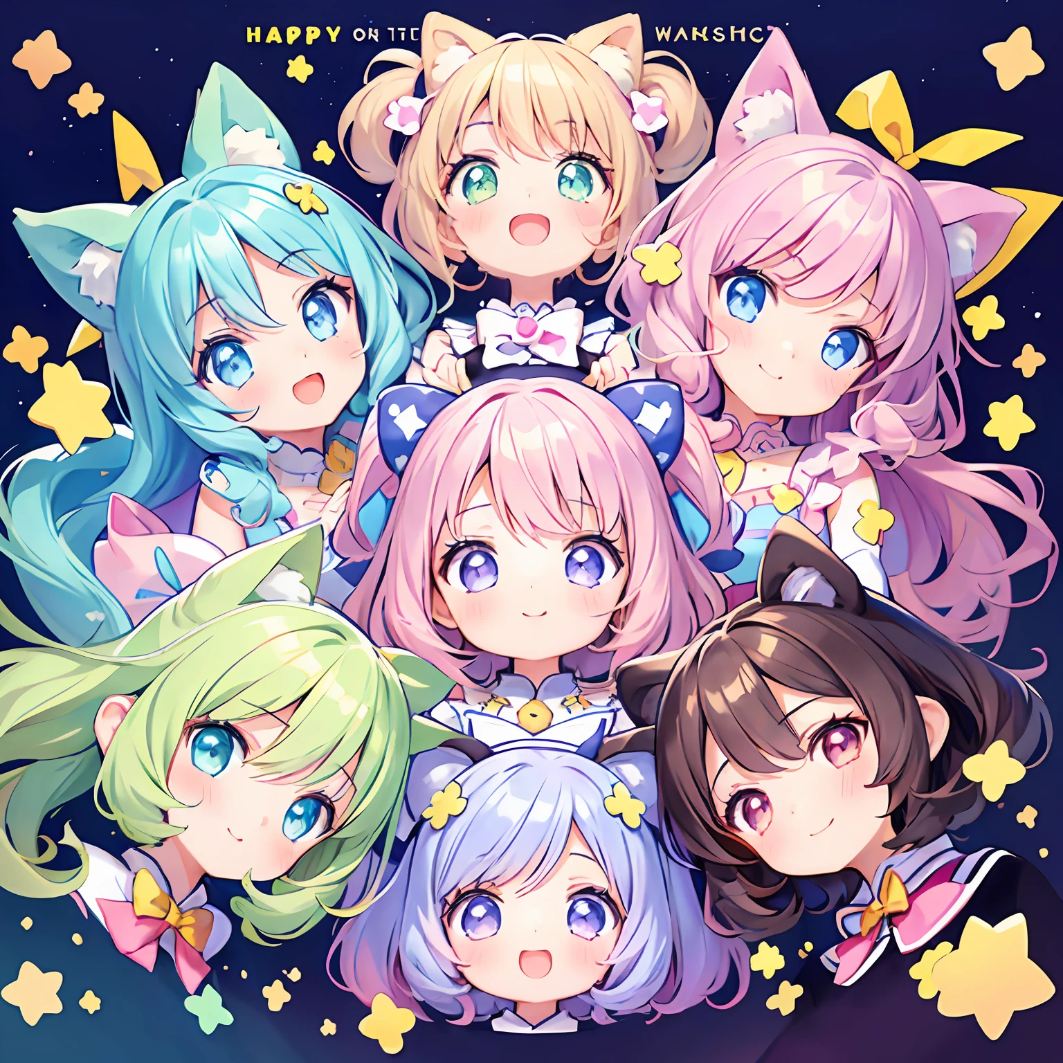 masterpiece, (2girls and 2girls and 2girls and 2girls), idol, closeup, big eyes, kawaiitech, kawaii, cute, pastel colors, best quality, happy, deep background, symmetrical, tilted head, summer, cover, title