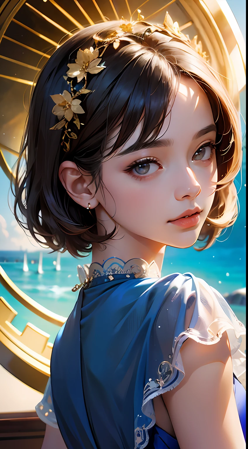 (airport:1), PM, (Blue Gown:1), Golden Fringe Shorthair, Light brown eyes, 1girl in, 20yr old, Innocence, (Photorealsitic), (intricate-detail:1.2),(masterpiece, :1.3),(top-quality:1.4), (超A high resolution:1.2), 超A high resolution, (A detailed eye), (detailed facial features), nffsw, 8K分辨率, (lensflare:0.7), Looks Back, Busy with inspection reports,