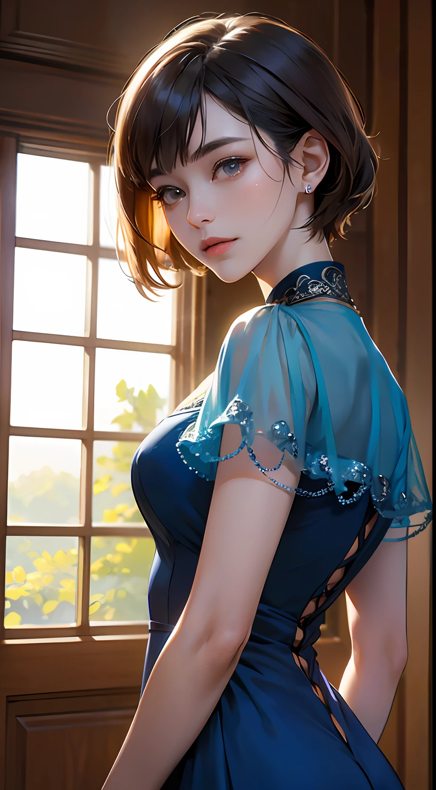 (airport:1), PM, (Blue Gown:1), Golden Fringe Shorthair, Light brown eyes, 1girl in, 20yr old, Innocence, (Photorealsitic), (intricate-detail:1.2),(masterpiece, :1.3),(top-quality:1.4), (超A high resolution:1.2), 超A high resolution, (A detailed eye), (detailed facial features), nffsw, 8K分辨率, (lensflare:0.7), Looks Back, Busy with inspection reports,