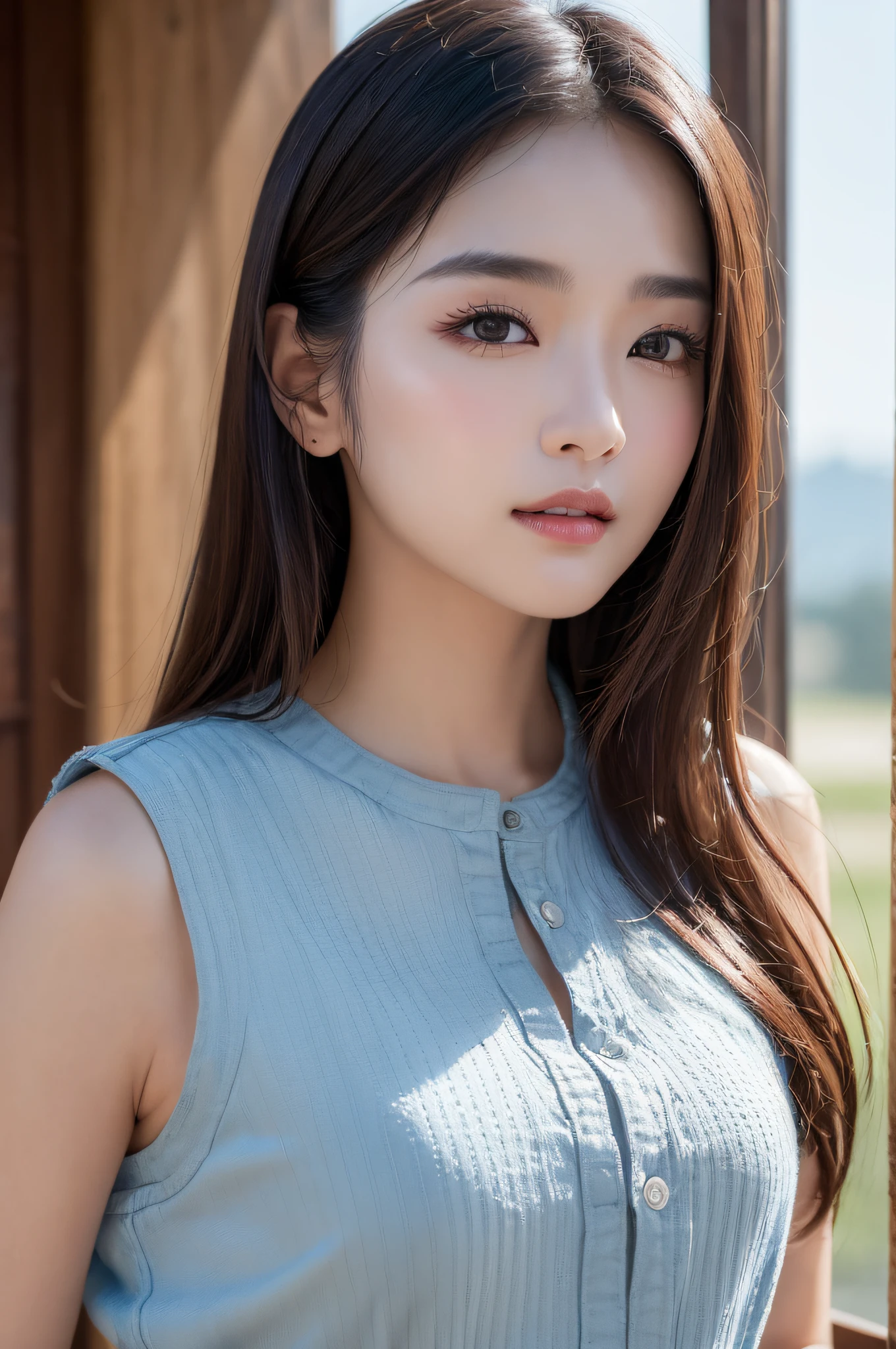 ((best qualtiy、8k masterpieces:1.3))、foco nítido:1.2、(ultra beautiful faces:1.0)、(shinny skin:1.0)、photos realistic、A dark-haired、Video Lighting、High-definition eyes and face、Video Lighting、(cowboy shot:1.3)、(Korean Cute Actress)、from the front side、medium large breasts、ssmile、Sleeveless、Wearing a white blouse