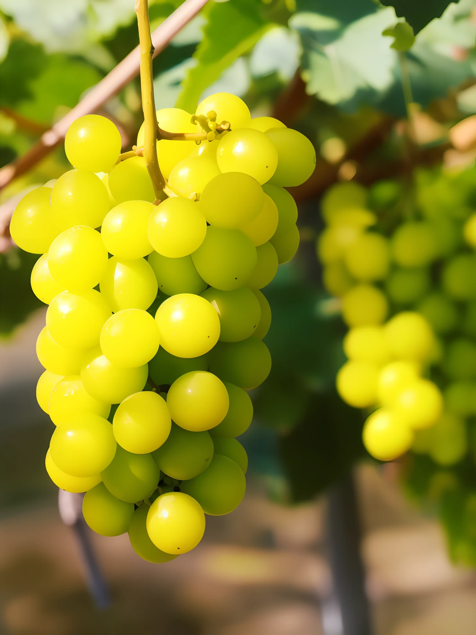 A bunch of grapes hang from the vine to bask in the sun, translucent grapes, grapes, Close-up of translucent grapes, Wine, grapes, Optionally, vine yards, Yellow and black grapes, White, version 3, Green, Harvest, elaborate composition, Green vines, Excellent quality, Beautiful image, wining, celebrating, Clear detail, grape trees, Fruit, spectacular quality