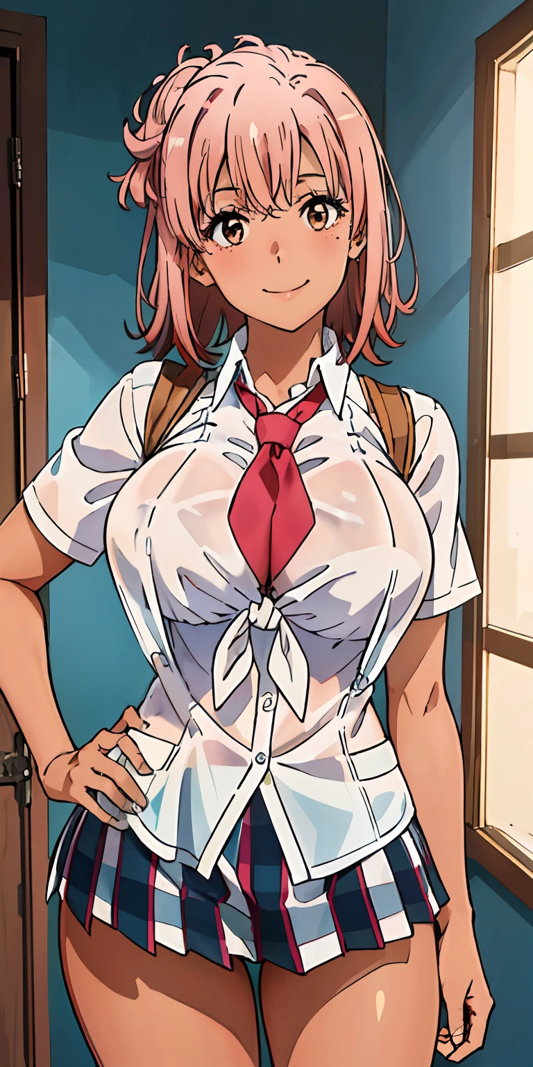 (((top-quality、​masterpiece)))、1girl in、A stunning、A pink-haired、barechested、(((a smile)))、School Uniforms、a miniskirt、(Sheer clothes)、(((Brown skin tone)))、sun burn、Mole、(((Colossal tits)))、large full breasts、Sheer areol、Pink underwear is visible、neck tie