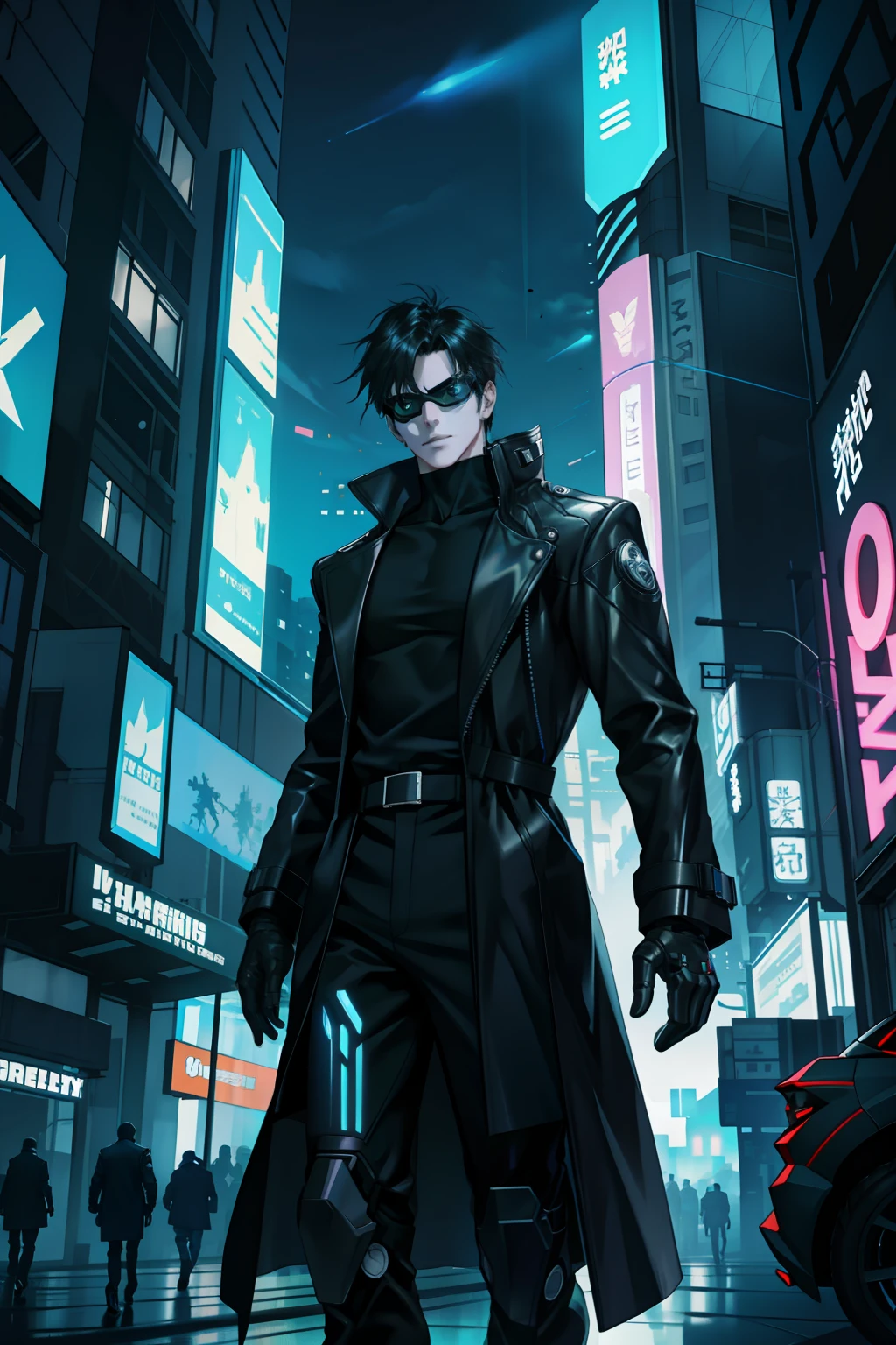 tmasterpiece， best qualtiy，  male people， AS-Adult， handsome， Tall muscular man， a broad shouldered， Fine eyes and detailed face， Extremely detailed CG unity 8k wallpaper， intricately details， cyber punk perssonage， the motorcycle， protective goggles， holograph， a black trench coat， Intense running， velocity， nightcity， neon signs， skyscrapper， depth of fields