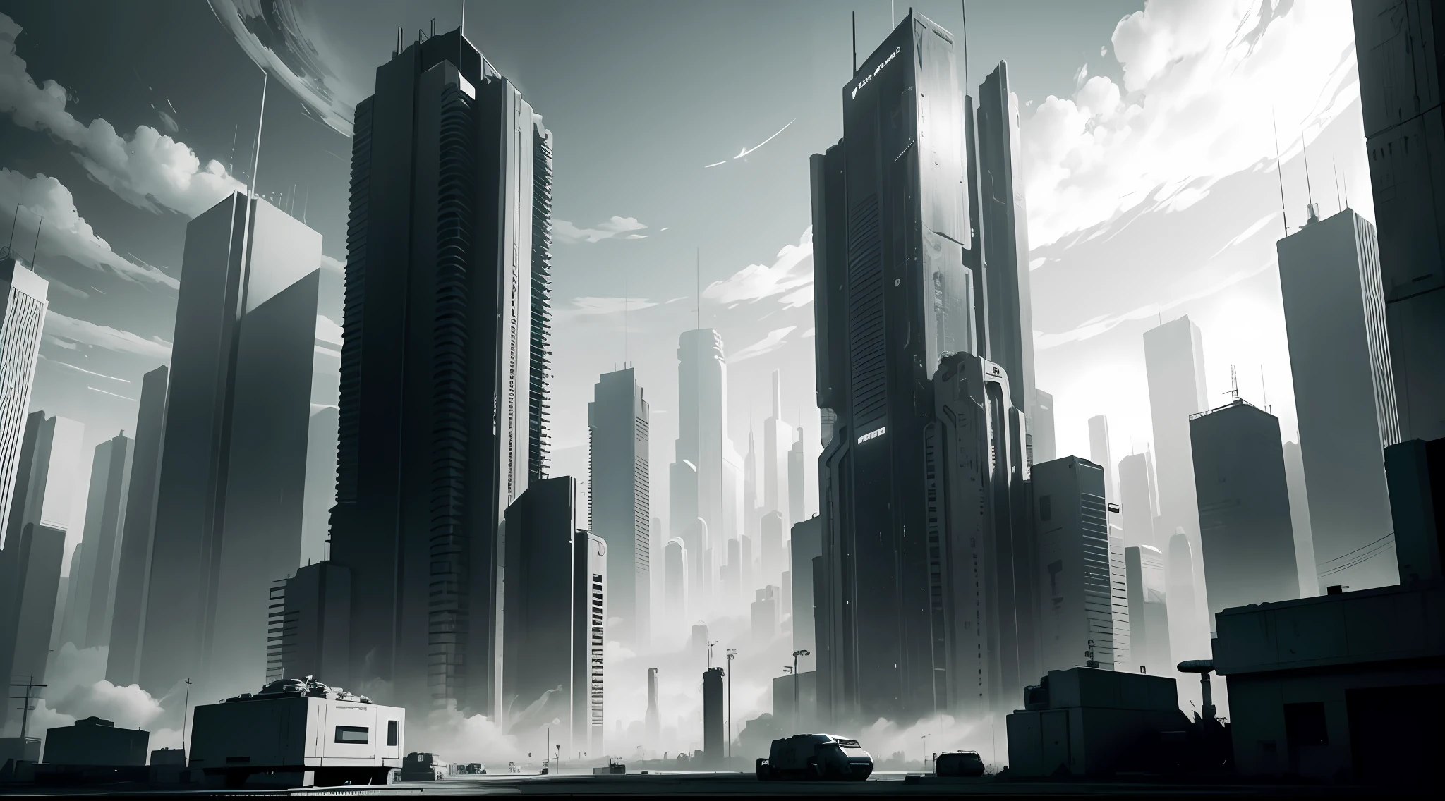 A futuristic hopeful busy city, dystopians style,black and white sketch --auto