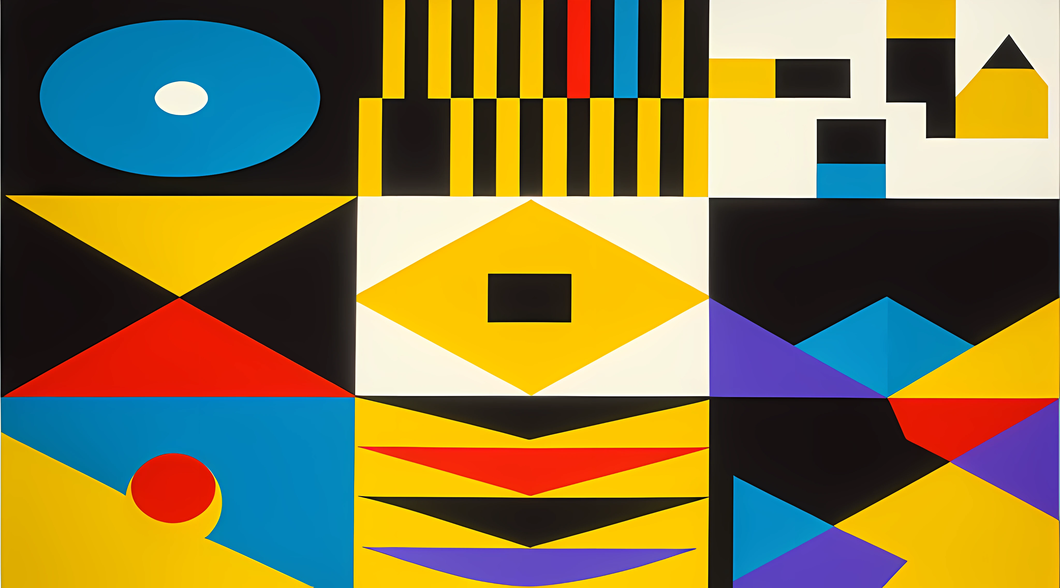 Close up of colorful abstract painting on black background, graphic shapes, inspired by Bauhaus, geometric abstraction, Inspired by Theo van Doesburg, inspired by Sophie Taeuber-Arp, abstract album cover, abstract geometric art, bold shapes, Bauhaus art, inspired by Lubin Baugin, geometric abstraction, geometric abstract art, Bauhaus style painting