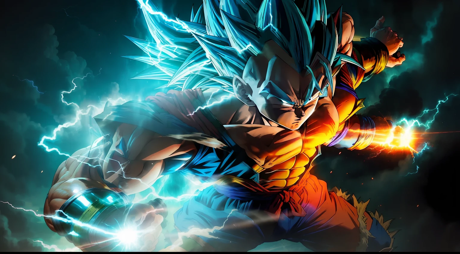 masterpiece, best quality, Vegeta super Saiyan blue, blue hair Blue Lightning Point one's finger at oneself
