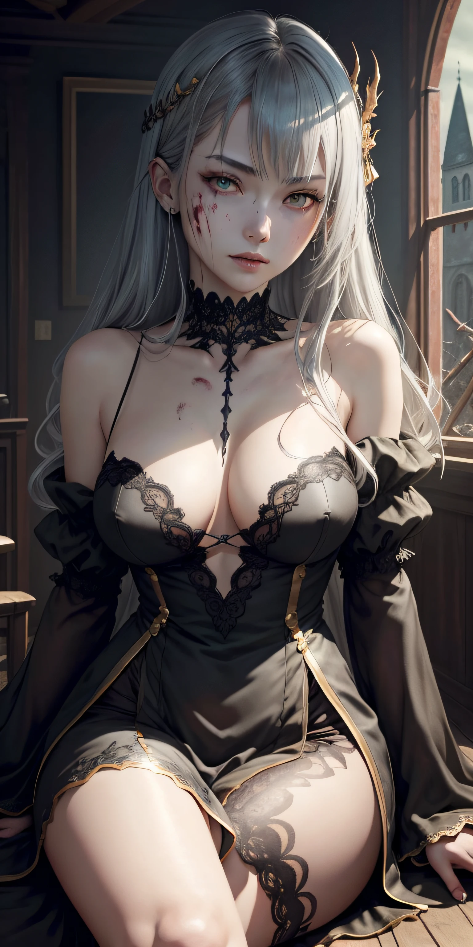 (Highly detailed CG Unity 8k wallpapers)、(top-quality:1.2)、(hight resolution)、(illustratio:1.1)、(ciinematic light:1.1)、Detailed、intricate detailes、(The best illustrations)、8K分辨率、intricate detailes、top-quality、Realism、ultra-detailliert、best illumination、Best Shadows、UltraHD、Cryengine、Ultra HD、(Detailed reflections)、detailed shadow、(((intricate detailes)))、smoother、((Perfect Shading))、High quality metal textures、Metallic luster、very detailed illustration、(semi - realistic:1.6)、(wide Shots:1.2)、(frombelow、Dutch Angle)、Dutch Angle、(From face to below knee:1.3)、((dark))、Dark Fantasy、Perfect Fingers、Hyper-detailing、cute little、female solo、(Silver-gray hair:1.2)、Ridiculously long hair、Asymmetrical bangs、(Golden eyes:1.4)、(thin skin)、(vampire:1.3)、(Black Dress Shoes、Over-knee stockings)、(a choker)、large full breasts、Thin leg、(tusk:1.2)、(a glass of blood:1.2)、Sitting on a chair、thin skin、(full bodyesbian:1.45)、(Inside an abandoned castle:1.3)、(fullmoon)、(Blood splatters:1.35))、dark ambiance、the complex background、dynamic camera angle、Brad Layne Behind、((Detailed ruins in high quality))、(depth of fields)、(Cinema Lighting)、((horor)、(Dark Fantasy)、Lovecraftman、Spot Color、monotone、reddish、Splash Blood、(Best Illumination)、(Ultra-elaborate details)、(The ultra -The high-definition)、4K Unity、(Highly elaborate CG: 1.2)、(8k:1.1)、((Landscape view))、art stations、(Sui Ishida、wenjun lin、by stefan morrell))、dark fantasy art、(Semi realism)、(真实感)、(Dynamic)、(RFKTR_Bontrex-150:0.5)、(nixeu_basic 2:0.5)