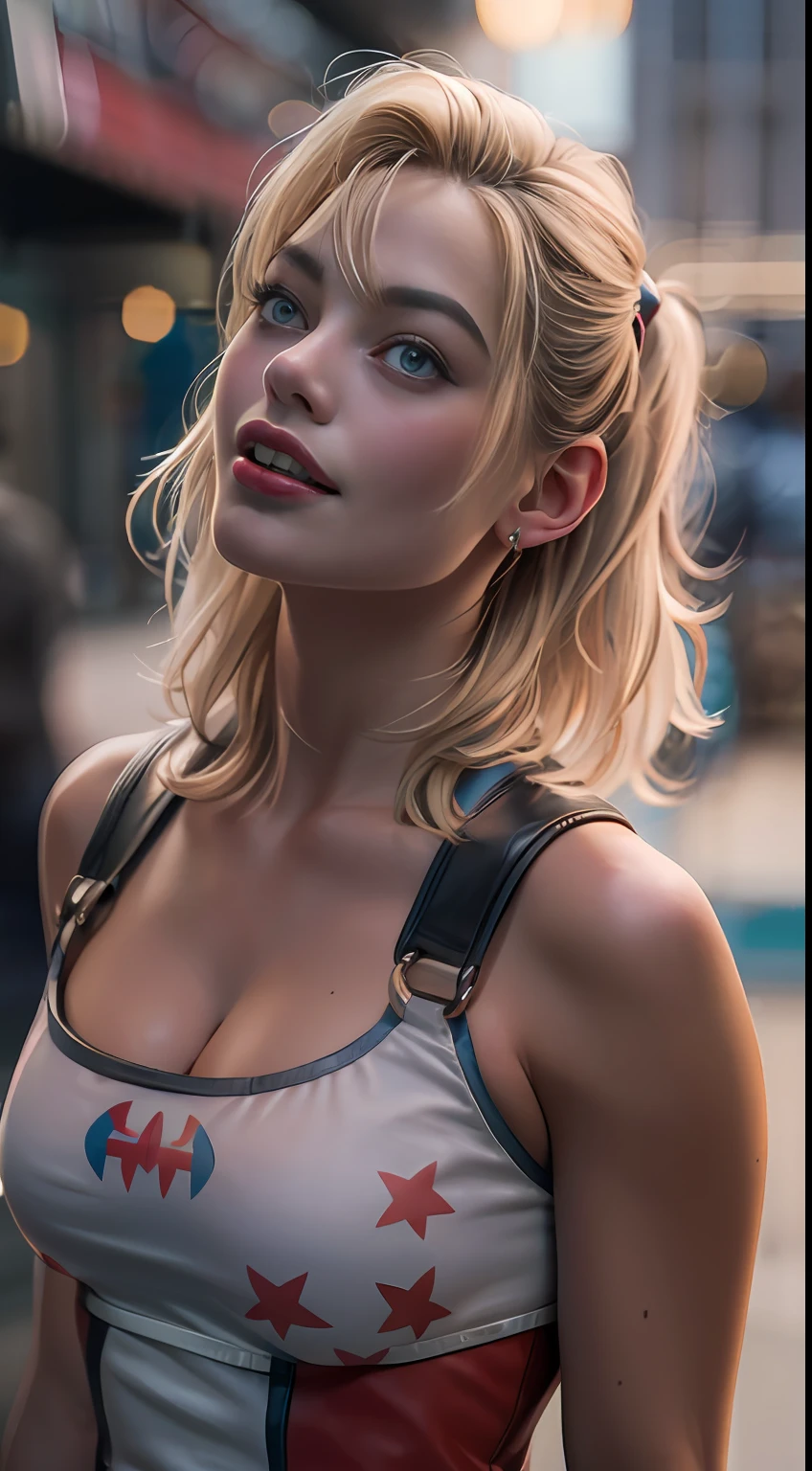 margot robbie as a gorgeous Harley Quinn standing on ground at city market, wind in the hair, (8k:1.2) best lighting