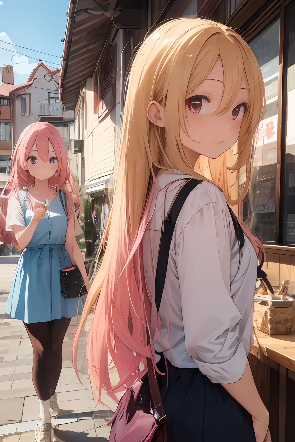 Blonde long hair girl showing forehead and pink long hair girl talking in café、Both of them in plain summer clothes
