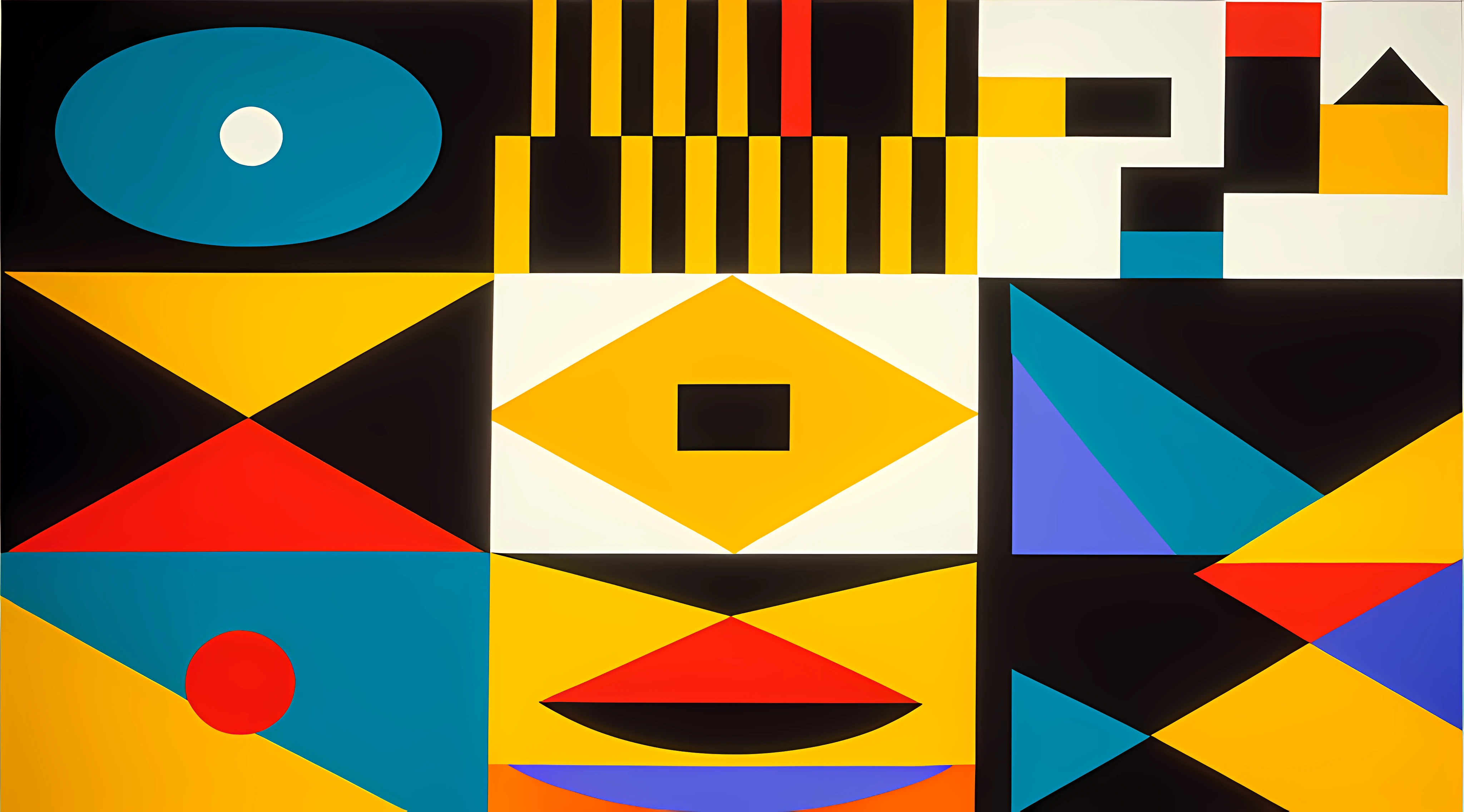 Close up of colorful abstract painting on black background, graphic shapes, inspired by Bauhaus, geometric abstraction, Inspired by Theo van Doesburg, inspired by Sophie Taeuber-Arp, abstract album cover, abstract geometric art, bold shapes, Bauhaus art, inspired by Lubin Baugin, geometric abstraction, geometric abstract art, Bauhaus style painting