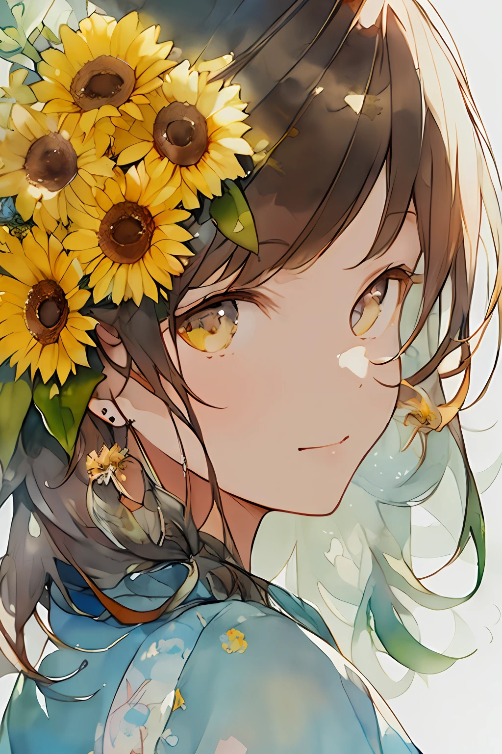 (aquarelle:1.2),1girl in, 独奏, florals, Sun flower,hitornfreckles, portraitures, fronds, bangss, signed, yellow flower, Mitsuami's hair、brown haired, length hair, verd s eyes, hair between eye, Flower earrings