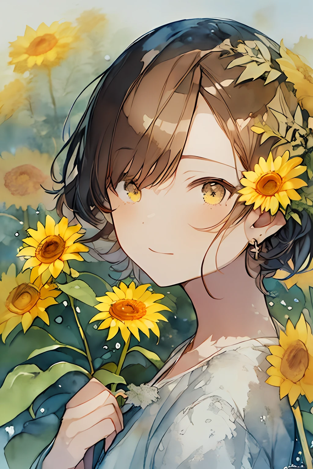 (aquarelle:1.2),1girl in, 独奏, florals, Sun flower,hitornfreckles, portraitures, fronds, bangss, signed, yellow flower, Mitsuami's hair、brown haired, length hair, verd s eyes, hair between eye, Flower earrings