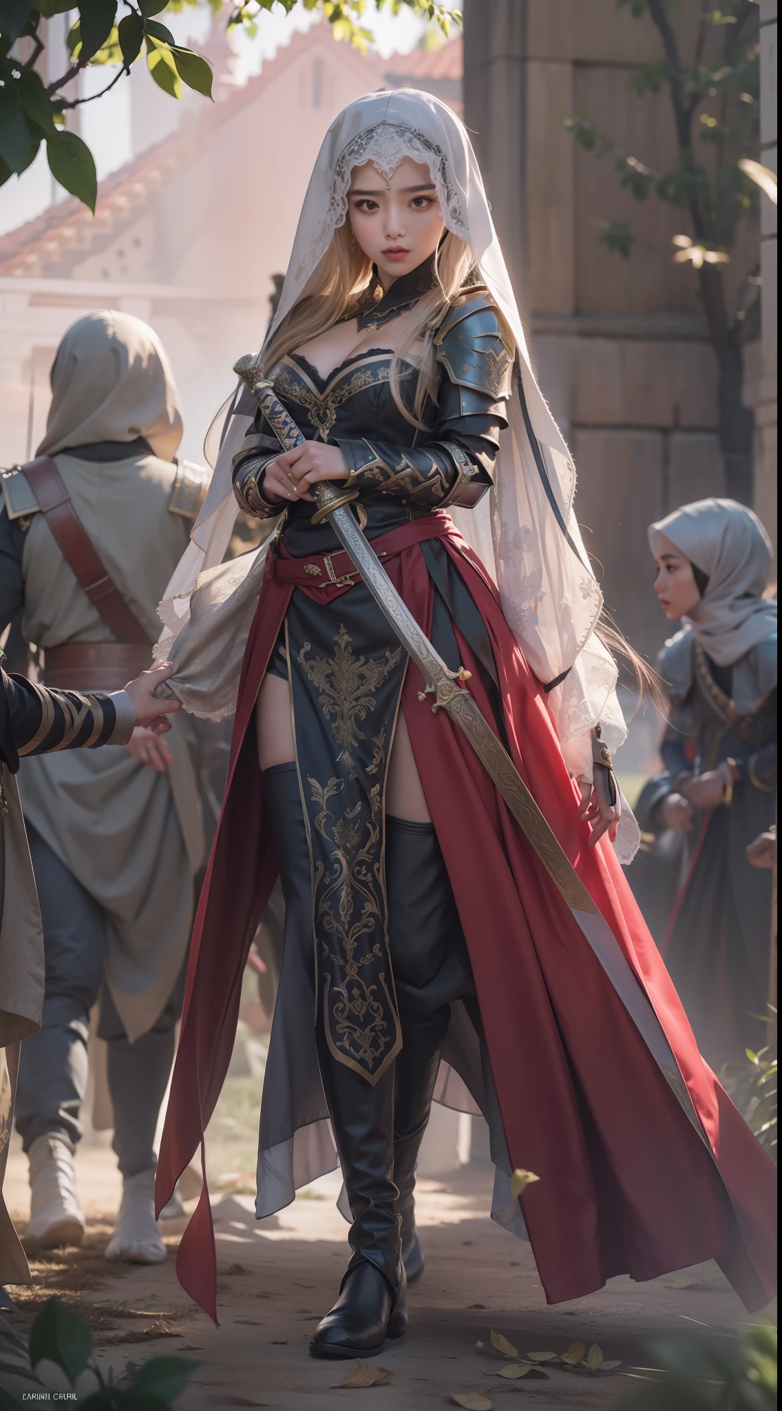 masterpiece, best quality, cinematic light, ultra high res, 8k uhd, intricate details, nature light, film grain, dreamlike, perfect ???????, best shadow, delicate, RAW>, pleasured expression, spotless face, perfect face, perfect body, expressive eyes, 2girls, wearing cape hijab, attacking each other, sword fighting on the battlefield in front yard of a sultan palace, whole body covered by long dress, wearing full body battle armor, chest cover accessories, non-transparent clothing, angry face, kpop idol face, perfect face, perfect body, big chest,