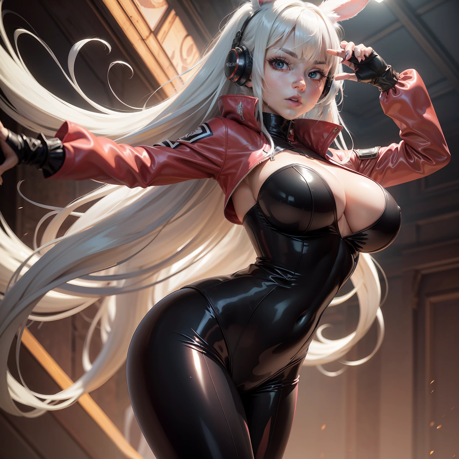 beast ear, Arms up,By bangs,Be red in the face,Tights,nedium breasts,rabbit pose,Clothes writing,Cover the navel,cowboy lens,Cropped jacket,fakeanimalears,mitts,exteriors,Morning,yuki,hair intakes,Earphone,Impossible tights,Impossible clothes,jaket,huge tit,latex,latex body suit,long whitr hair,longer sleeves,looking at viewert,huge tit,Multicolored gloves,with her mouth open,Pink tights,Pink eyes,red color eyes,red blous,shinning clothes,shrug\(The clothes ar\),sidelocks , tight-fitting, ssmile, Thigh crevices, upper legs, dual horsetail, Very long hair, whitegloves, White hair, alice\(nikke\),(shiny skin), realisticlying,