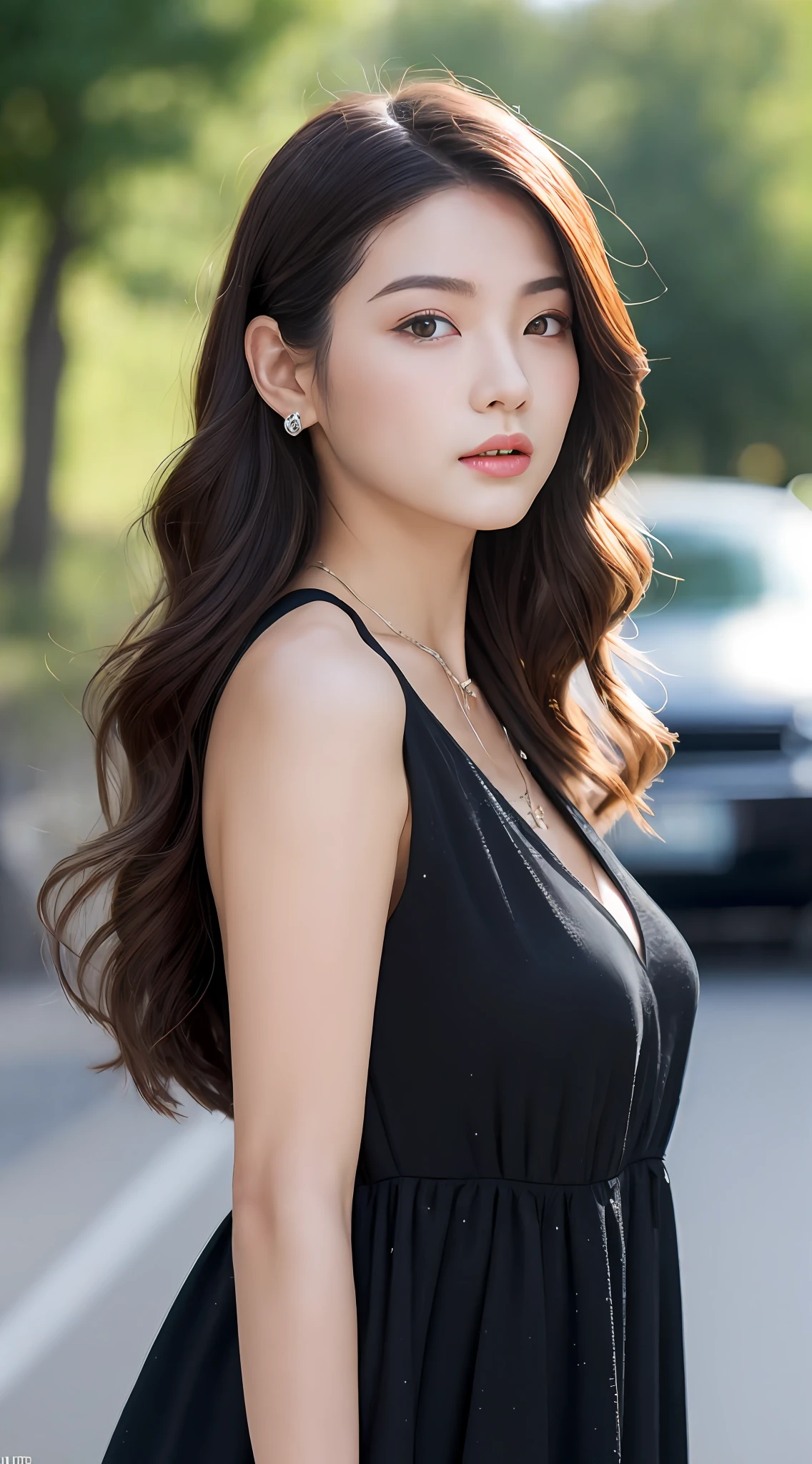 ((best qualtiy, 8k, tmasterpiece:1.3)), Focus:1.2, perfect figure beautiful woman:1.4, Cocked buttocks:1.2, medium boob,((exquisite long hair)), (Sparkling dress:1.1) , (Sports car, street: 1.2), ((short detailed hair:1.8)),Highly detailed facial and skin texture, A detailed eye, 二重まぶた,Whiten skin,Pout,Wear a necklace,gyuru,Black wearing dress
