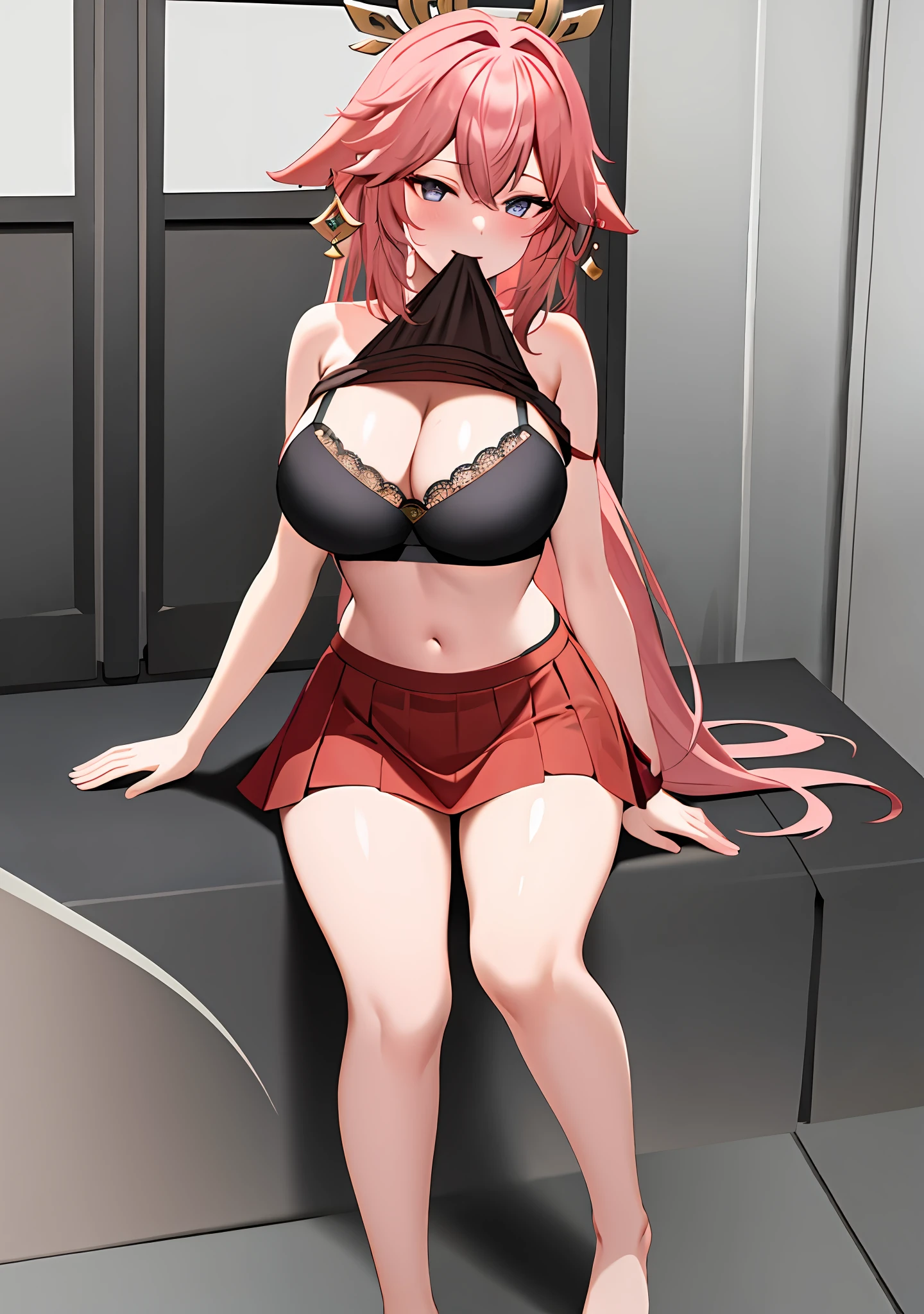 1Yae miko, large breasts,clothes in mouth, cleavage, navel, t-shirt, ((bra)),clothes lift, shirt in mouth, skirt, lying, full Body,sexy body,sitting