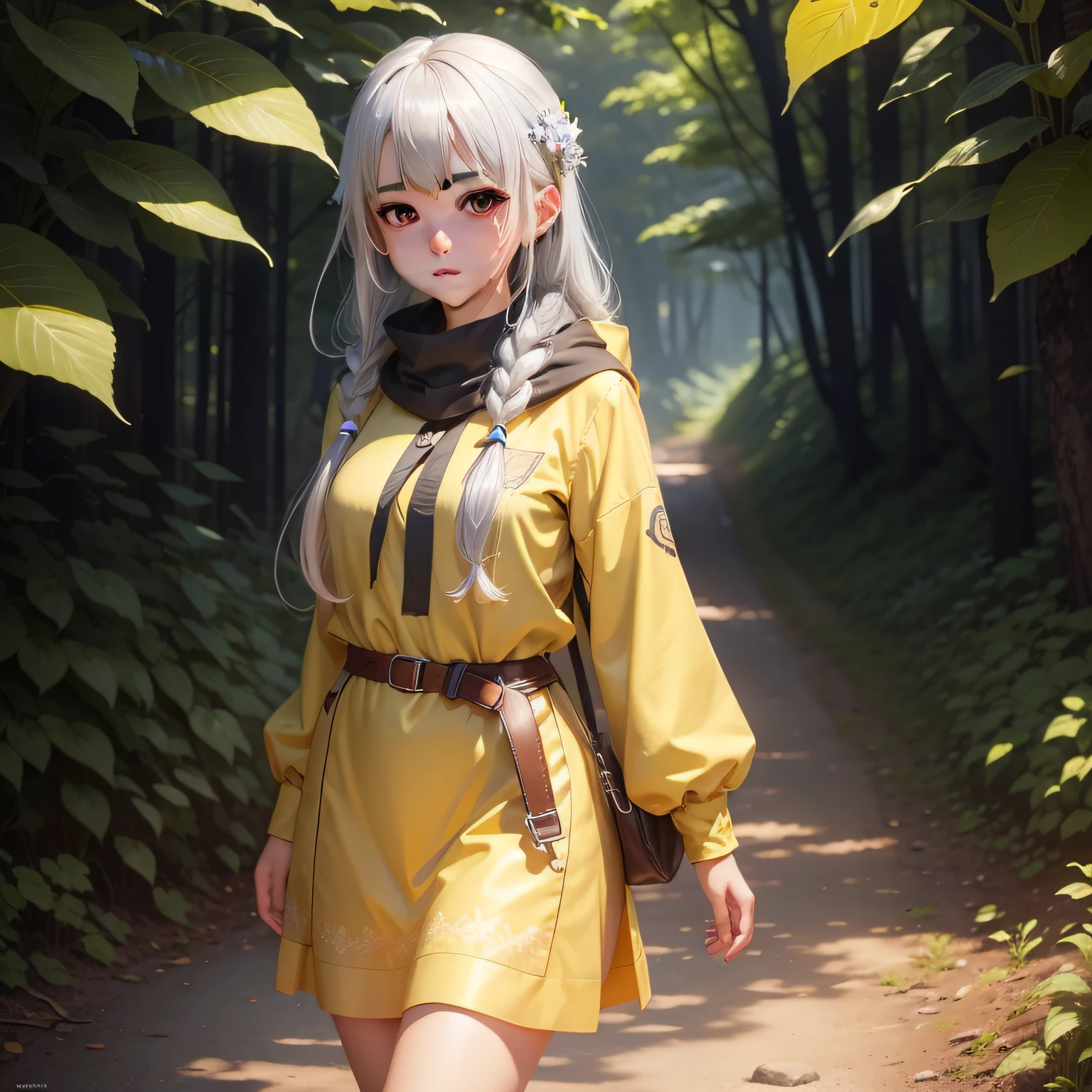 In nature,One dressed in yellow,Cute girl with cold silver hair all over。The illustration is a high-definition illustration in 4K resolution,Features highly detailed facial features and gameplay CG-style visuals。