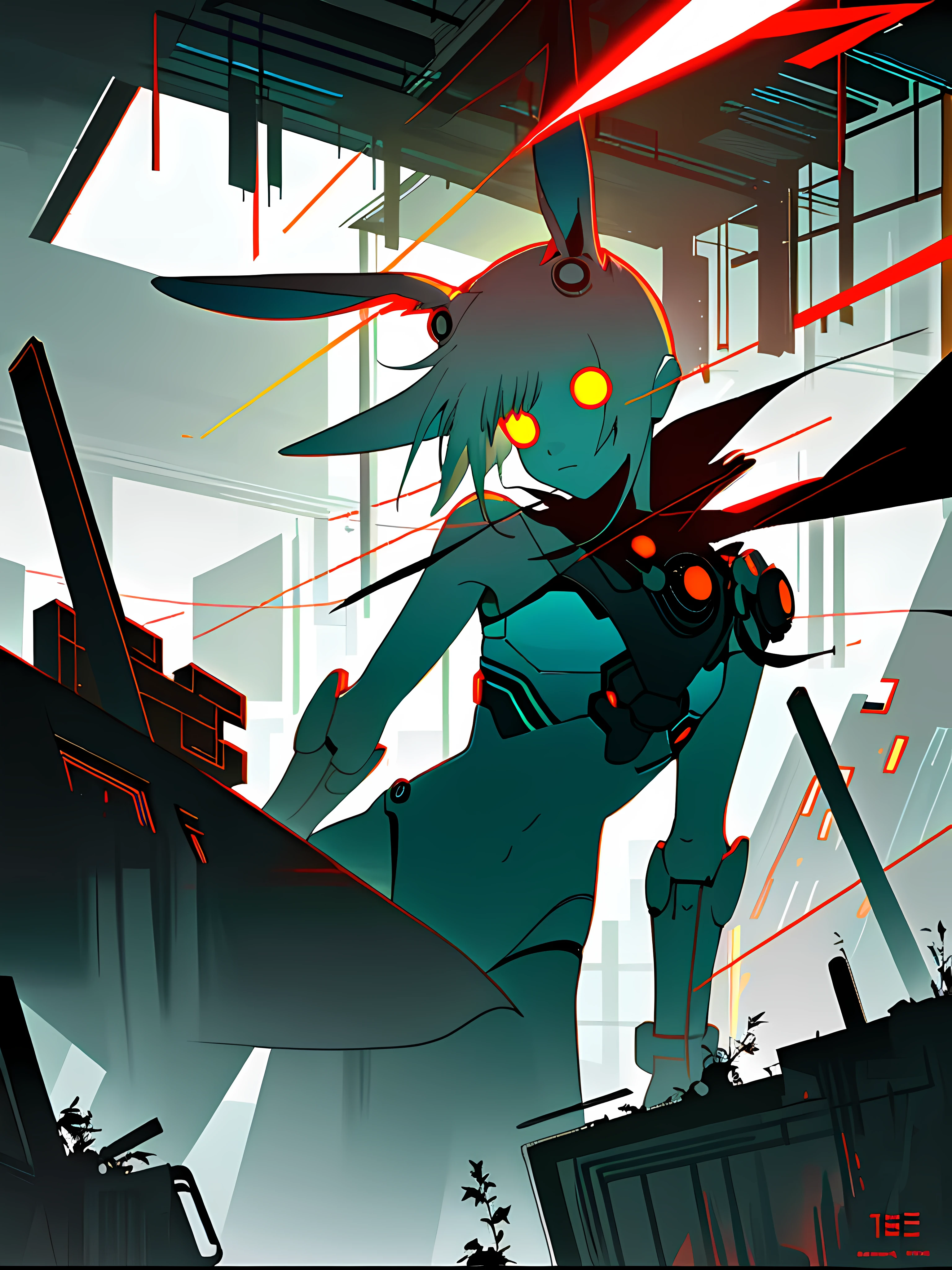 (blame! style abandoned tech landscape), (Zen, Amy Sol style), (underground, dark, foggy, perilous, abandoned dystopian apartment bedroom, deep windows), (abstract anthro rabbit figure wearing bunny ears), cover art with light abstraction, abstract, simple vector art, contemporary Cybernetic art, color gradients, soft color palettes, layered forms, whimsical animation, style Ethereal abstract, 4K, --v6