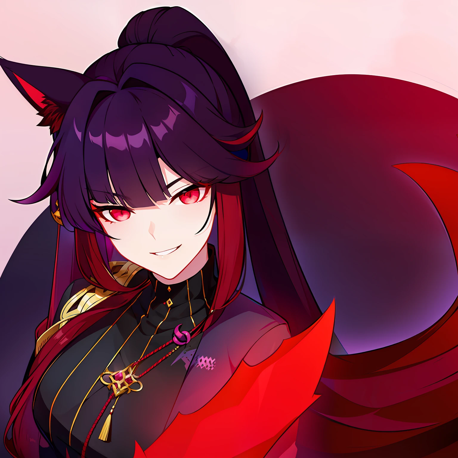 Young guy, pretty facial features, long dark purple hair, half gathered in messy ponytail, half loose, dangerous bright red eyes, black fit clothes with many jewels, fox ears and tail, mad smile