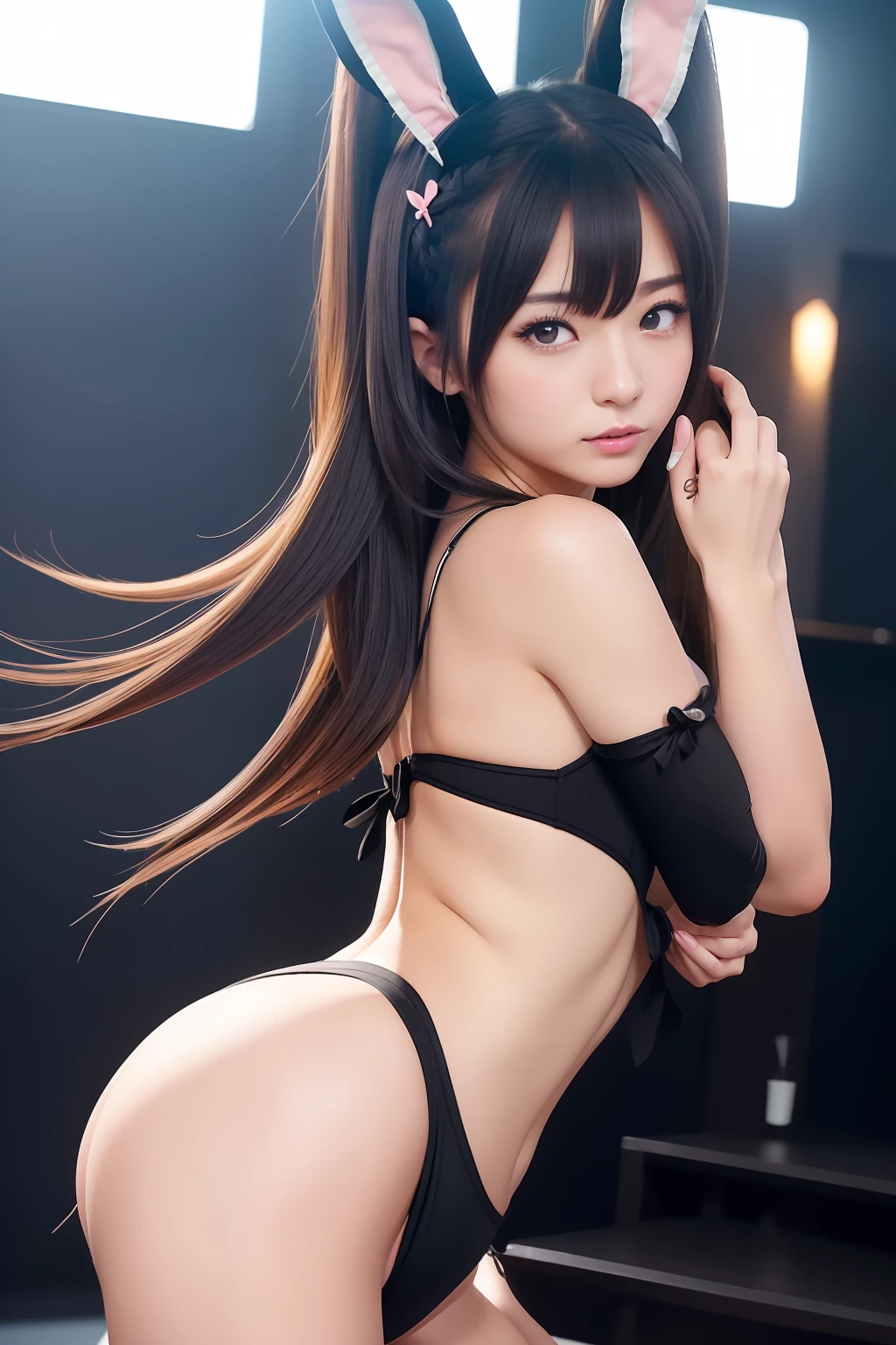 (((Bunny Girl Hair Band)))、(((Twin-tailed)))、(((Hair that flutters in the wind)))、Photorealsitic、超A high resolution、Convoluted、ultra-detailliert、(dent in the skin)、Cute、Feminine、Detailed body、Medium chest、(A detailed face: 1.1)、(Outline of the iris)、(Hydrocore Lens)、(perfect  eyes)、4K、Beautiful fece、(​masterpiece: 1.2)、(top-quality:1.2)、Multiple beautiful women、wide-hips、slenderbody、doress、ふしだらな、Pose Seductive、stripper、In a club、Dancing、Black theme、crouching down、Open your crotch、Optimal ratio of 4 fingers to 1 thumb、actionpose、(((Looks Back)))