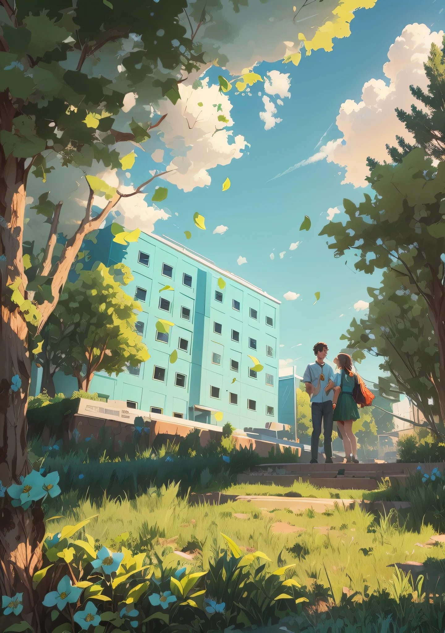 Cartoon style Campus Green plants Male and female students Blue sky Flowers and plants Natural light 8K