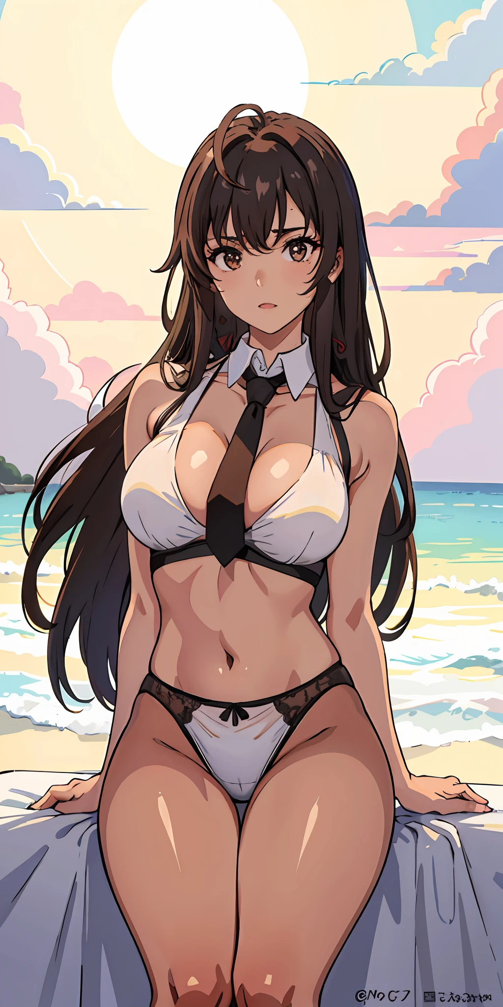 (top-quality、masterpiece)、1girl in、(((irate)))、A stunning、A dark-haired、(((Longhaire)))、barechested、Sheer clothes、a bed、(((Brown skin tone)))、sun burn、Mole、(((Colossal tits)))、large full breasts、Sheer areol、Pink underwear is visible、Show underwear、neck tie、I can see my chest a little